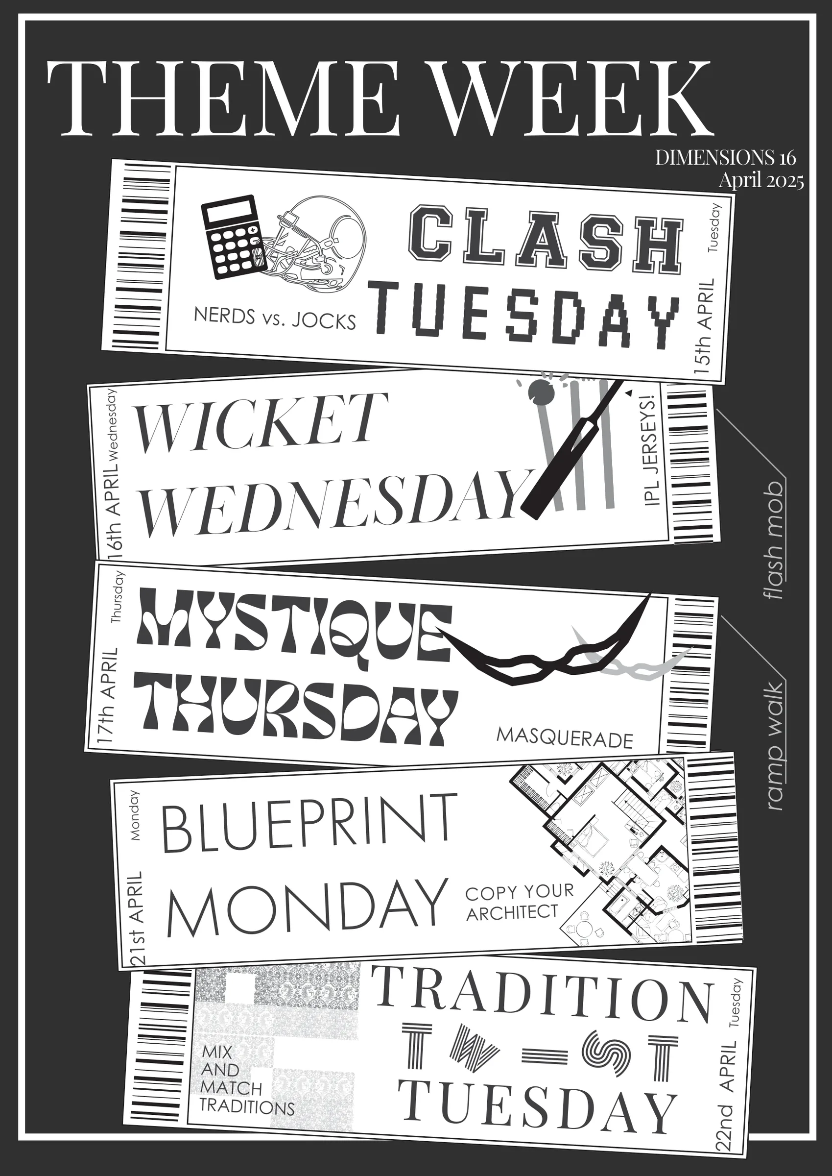 Earlier draft of the same poster (saved the same morning): charcoal ground, serif headline, black tickets; the navy version replaced it