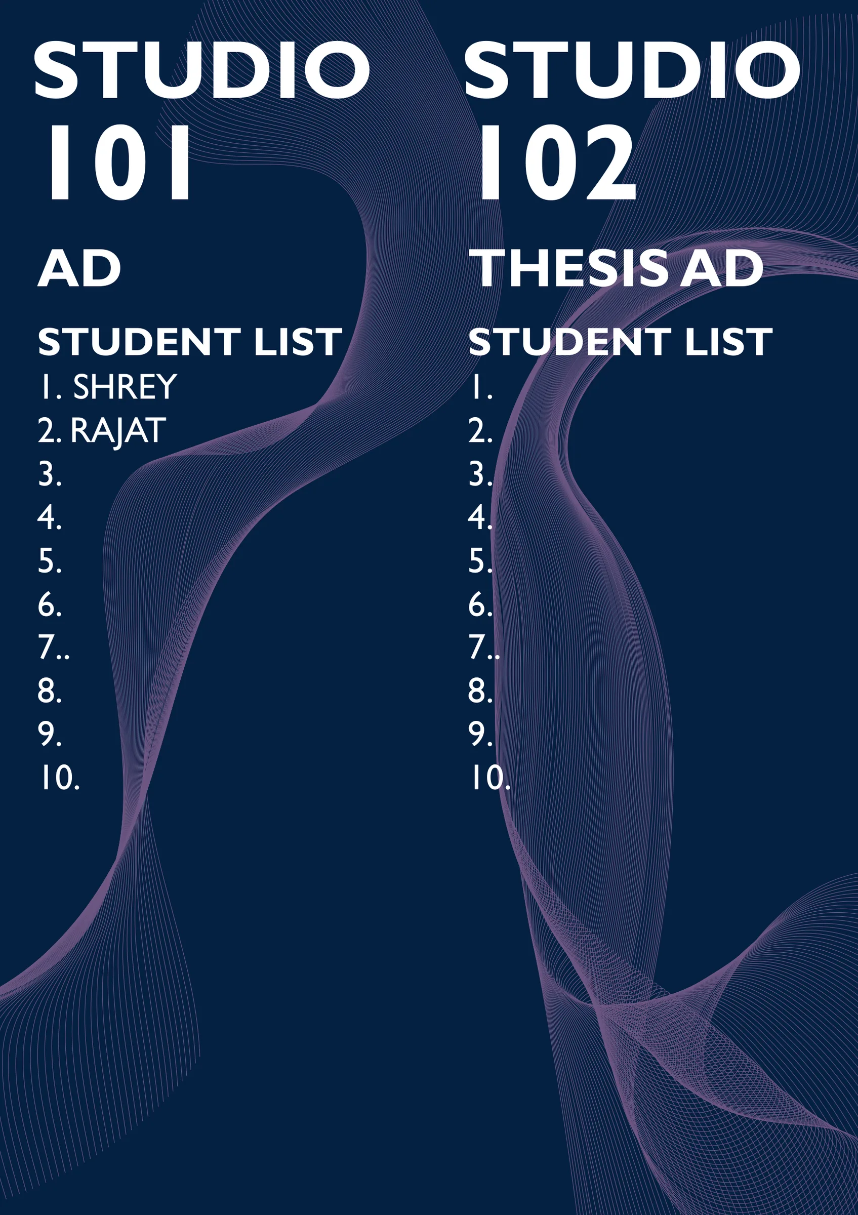 Panel-room door poster for Studio 101 (AD) and Studio 102 (Thesis AD): bold white type and student lists over a violet line-wave on navy