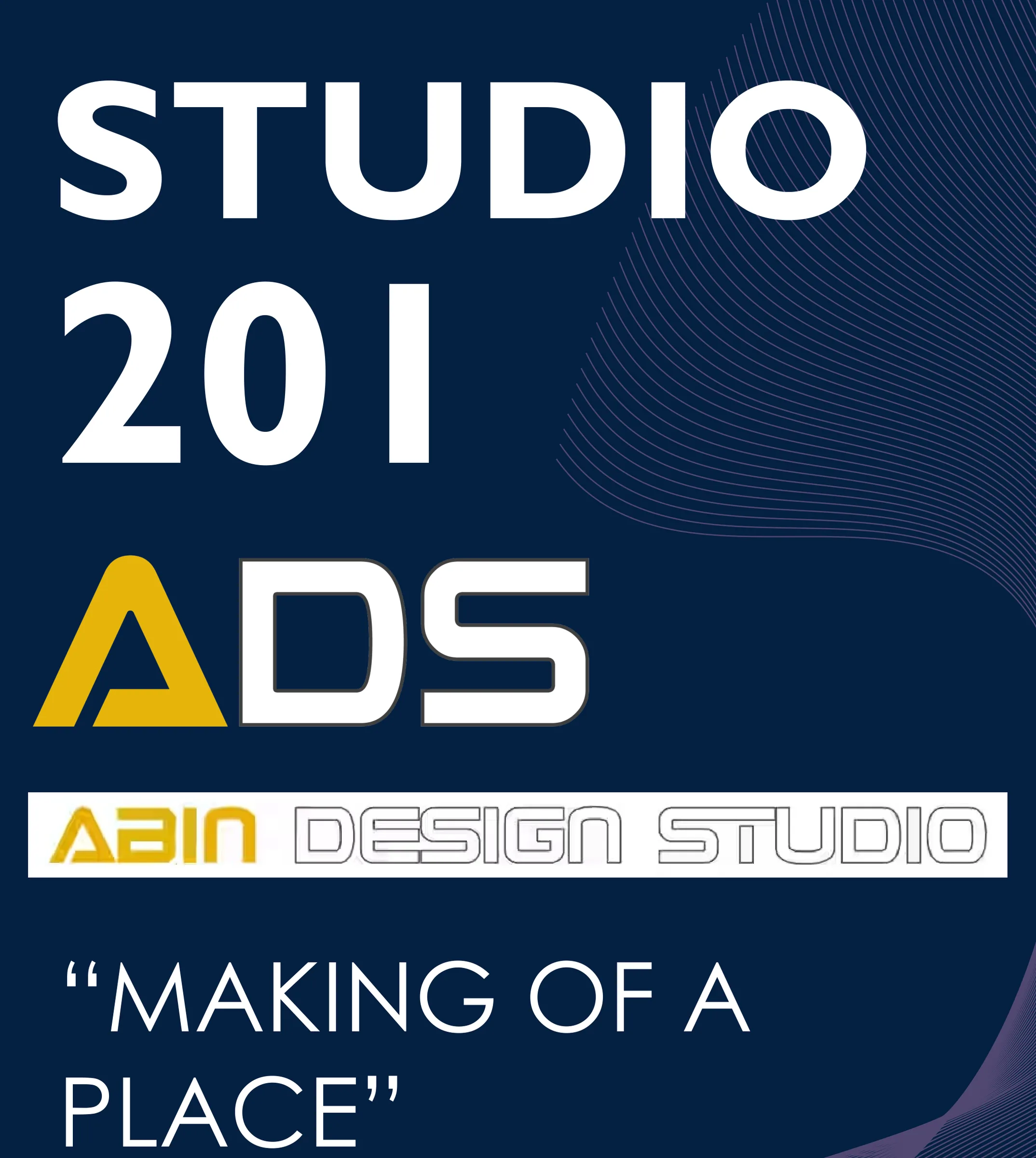 Top of the Studio 201 panel for the guest studio Abin Design Studio ('Making of a place'), same navy and line-wave system; the guest firm's logo is theirs, the layout is mine
