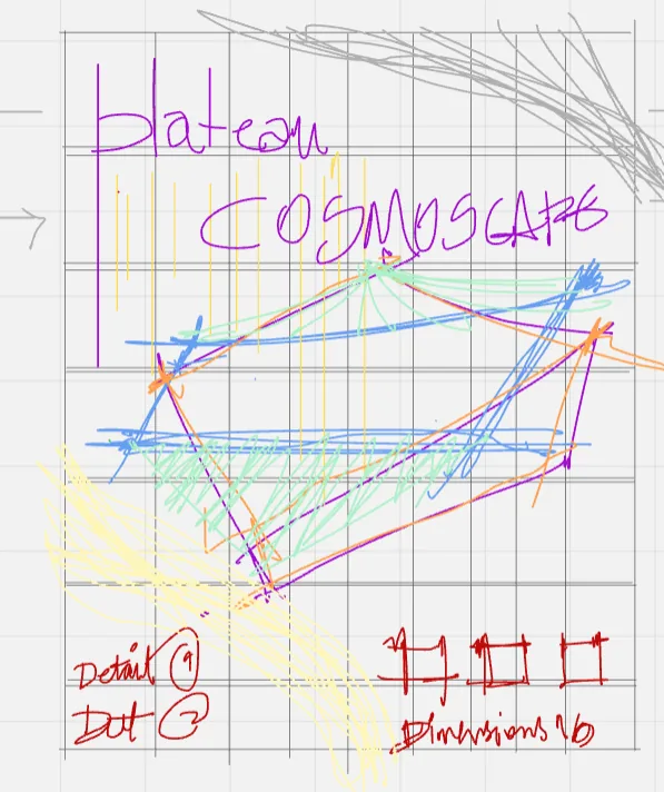 My digital sketch for the Plateau Cosmoscape poster: title lettering and a perspective grid of coloured rays