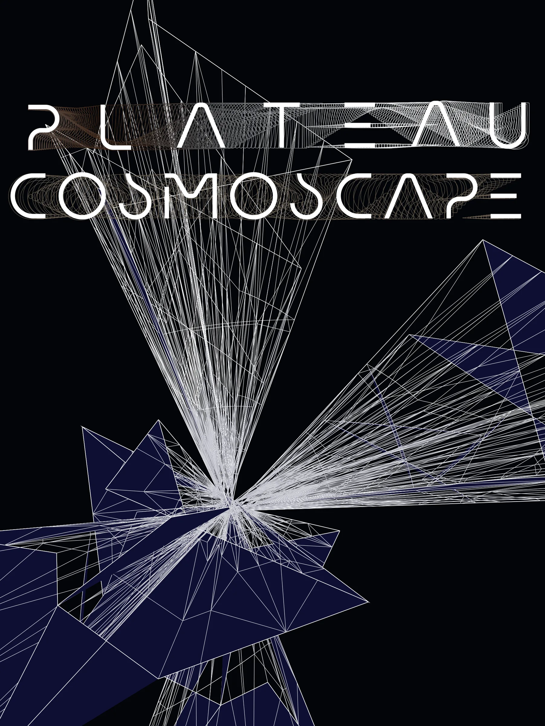 Line study for the Plateau Cosmoscape title: blended-line lettering and a burst of white string lines over navy triangles