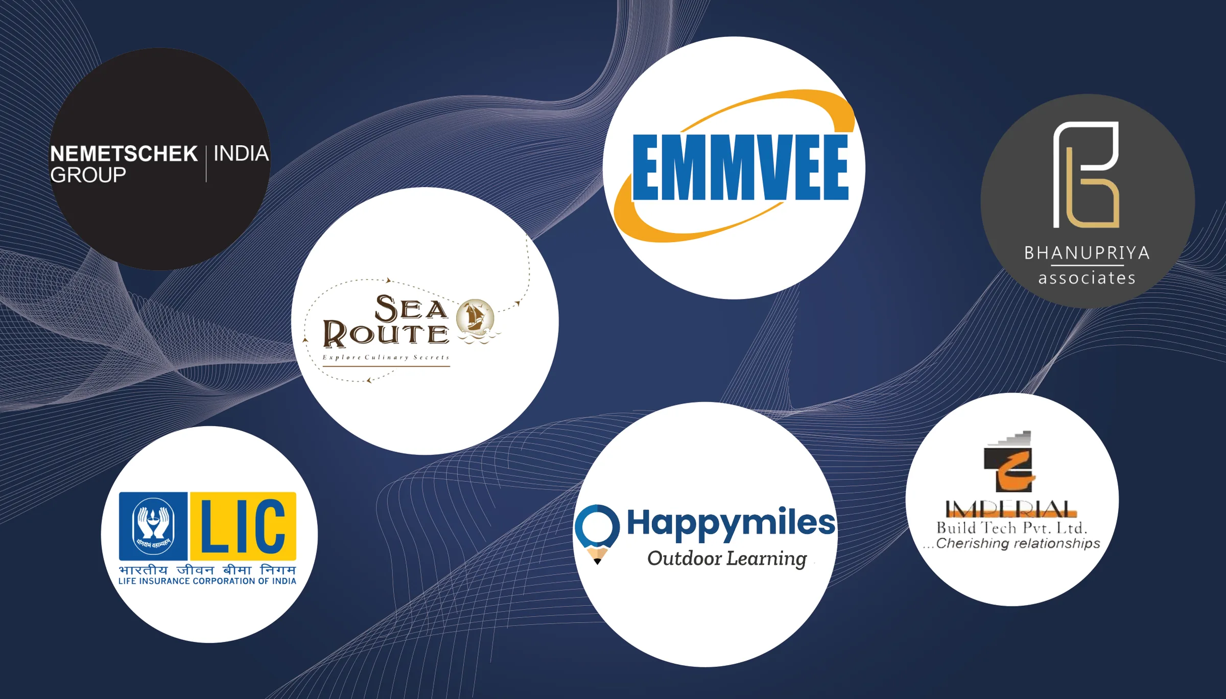 Sponsors banner: sponsor logos in white discs over the same violet line-wave on navy (logos belong to the sponsors)