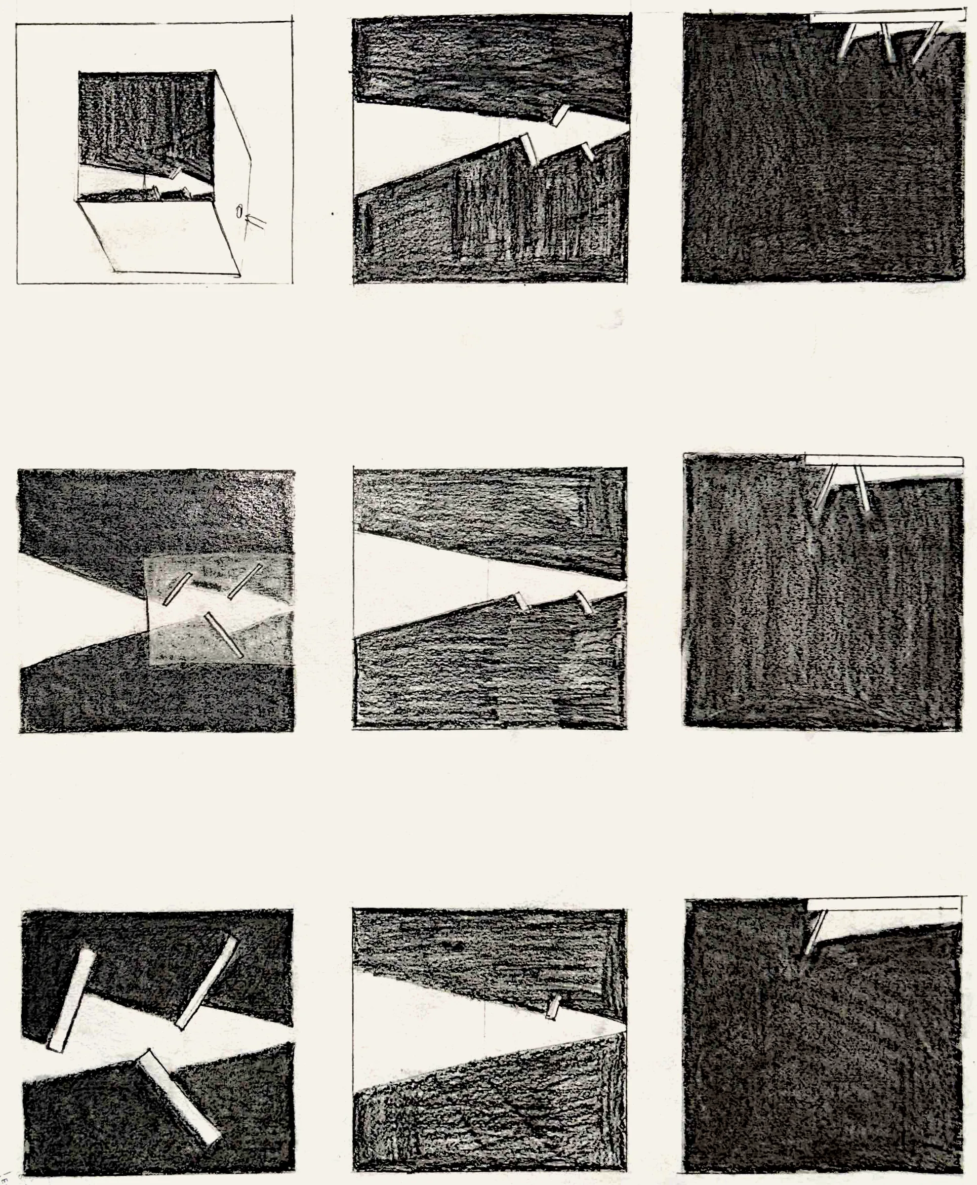 Abstraction exercise: nine pencil-shaded squares, a solid block progressively split and cut by thin white strips
