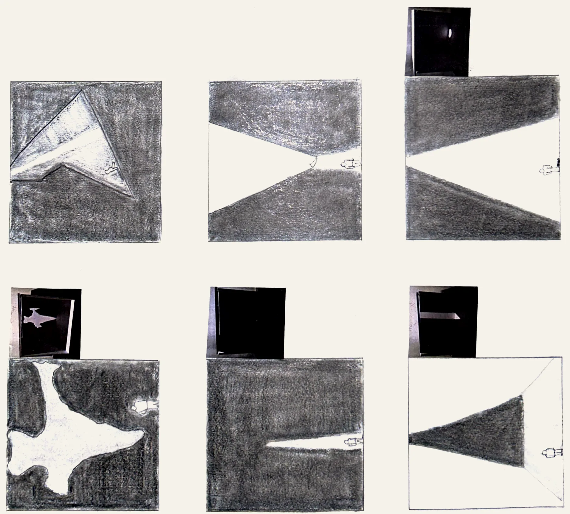 Light studies: photographs of black box models with cut openings, each above a pencil drawing of the light and shadow it throws inside, small human figures for scale (two rows of the sheet)