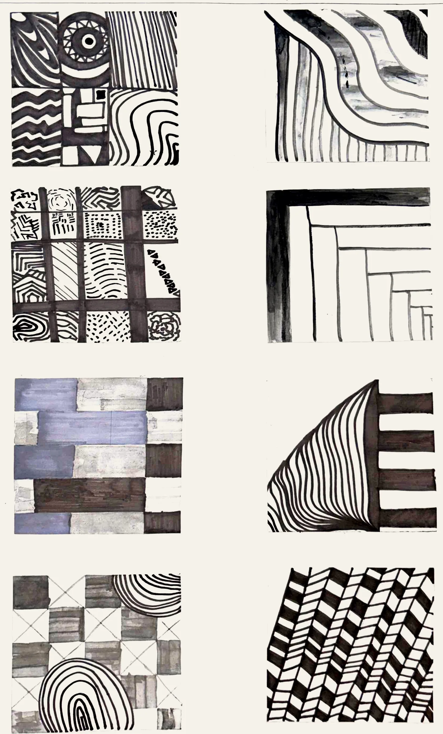 Pattern studies: eight ink and marker tiles of stripes, contours, grids, chevrons and checks