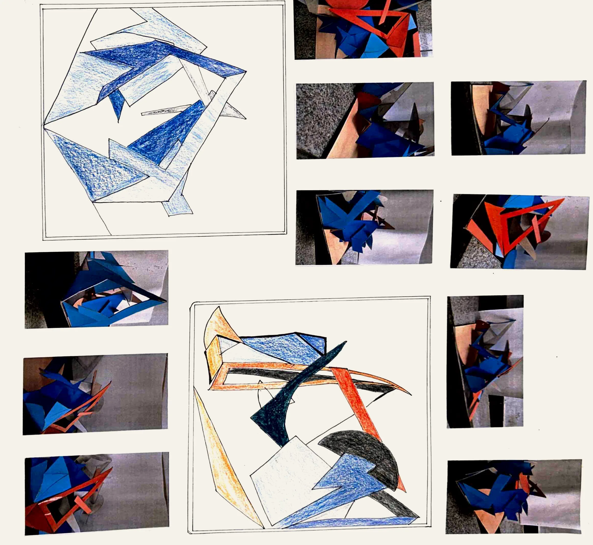 Abstract paper models in blue, red and white: photographs from many angles around two colour-pencil drawings of the compositions