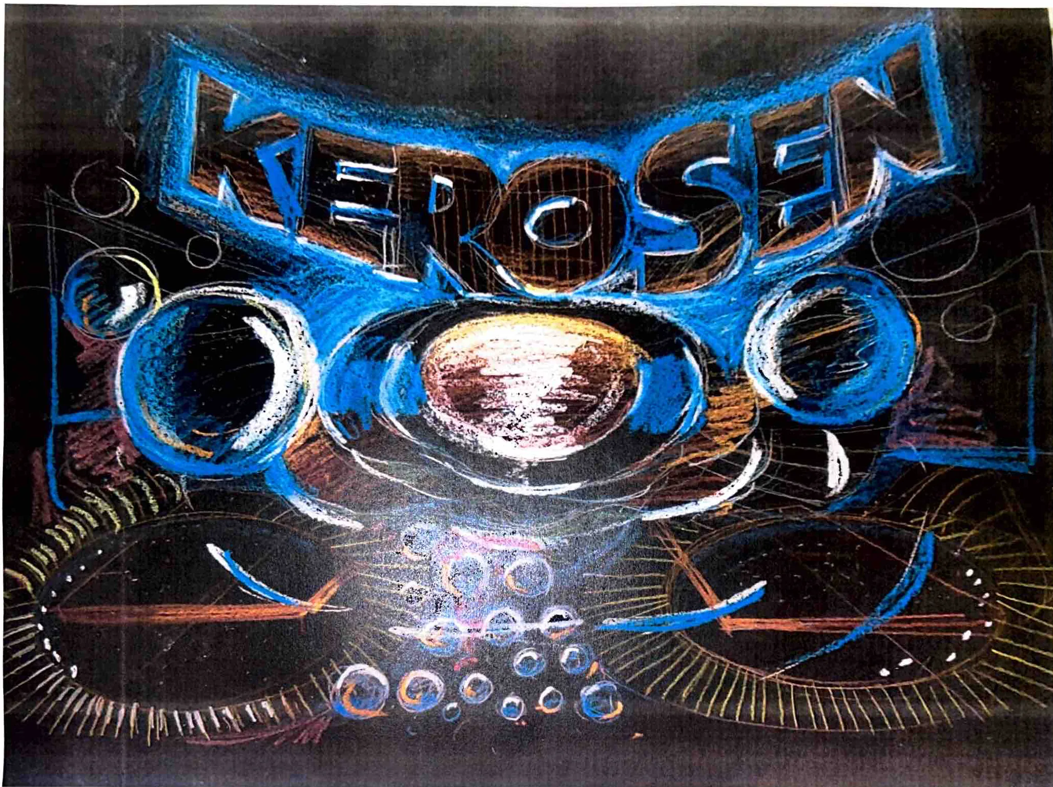 Colour in 3D spaces: soft pastel on black sheet, a 'KEROSENE' sign and stove-like forms in electric blue, white and copper (print pasted on the sheet)