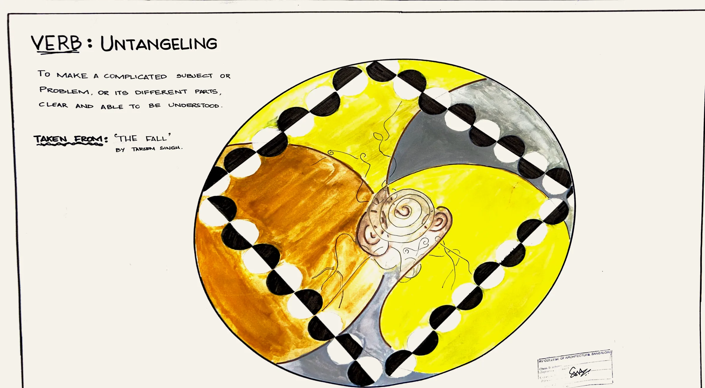 'Verb: Untangling': painted circle split into yellow, ochre and grey fields, crossed by a black-and-white dashed band, a curled figure at the centre, with my hand-lettered definition of the verb (after Tarsem Singh's film The Fall)