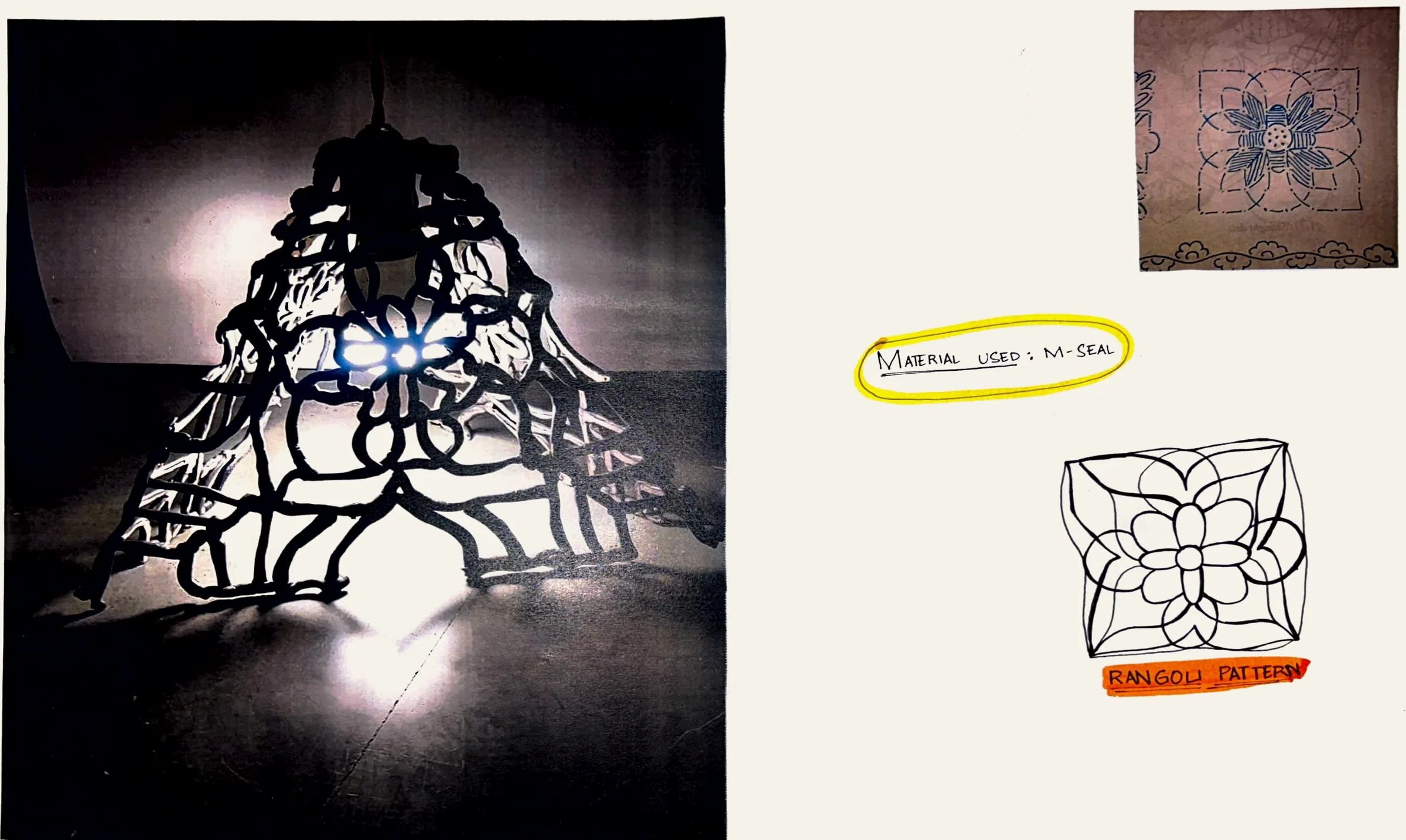 Lamp made of M-seal cut in a rangoli pattern, photographed lit in the dark, beside the rangoli motif it was drawn from