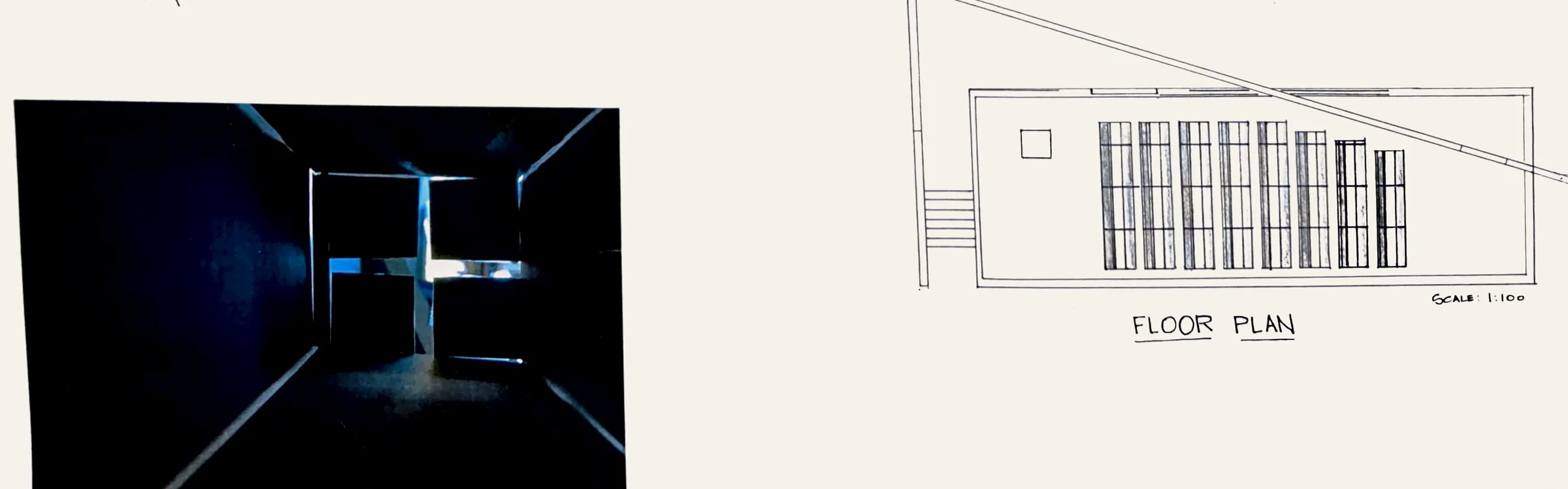 Church of Light (Tadao Ando) case study: photo of my 1:100 model with the cross of light, and my floor plan drawing