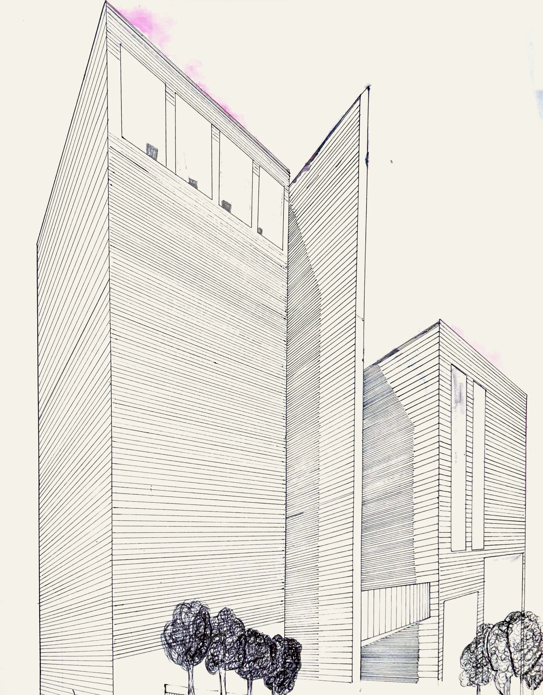Pen perspective of two tall blocks in two-point perspective, every facade hatched in fine parallel lines, with trees in ink scribble
