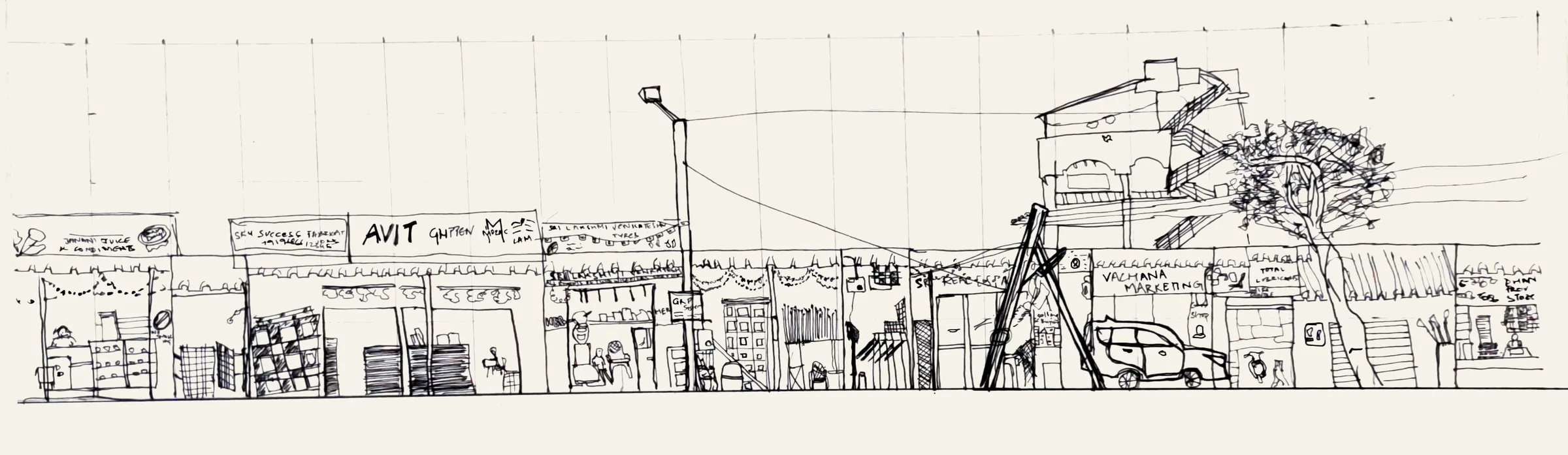 Pen streetscape elevation of a Bengaluru shopping street: shopfronts, signboards, a street light, a car and a tree