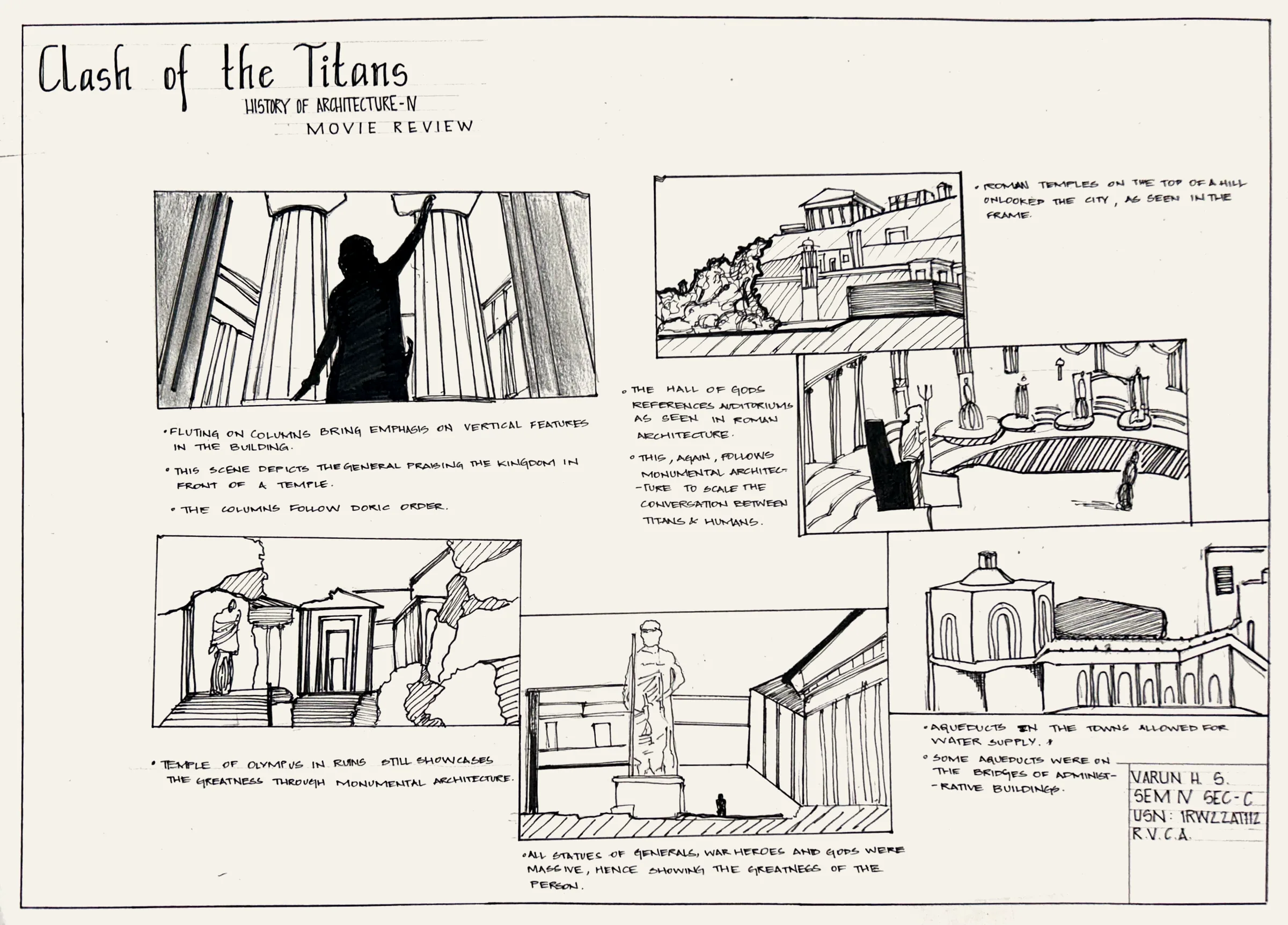 'Clash of the Titans' movie review for History of Architecture IV: hand-inked storyboard frames of Doric colonnades, a temple on a hill, the hall of gods, ruins and aqueducts, with handwritten notes