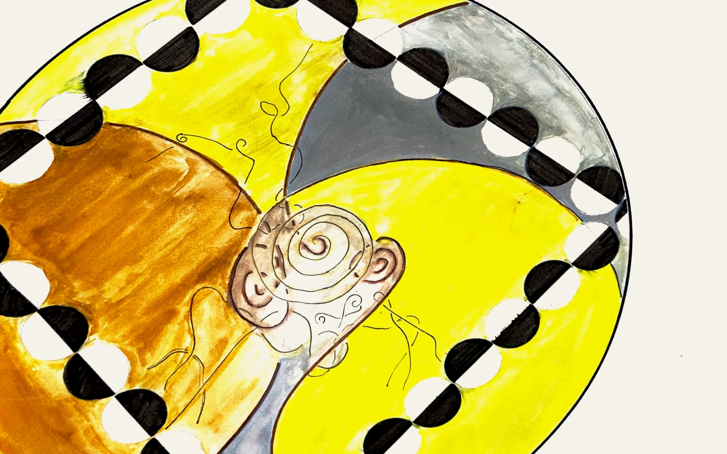 Detail of a first-year painting, 'Verb: Untangling': a circle of bright yellow, ochre and grey crossed by a black-and-white dashed band, with a small curled figure at its centre