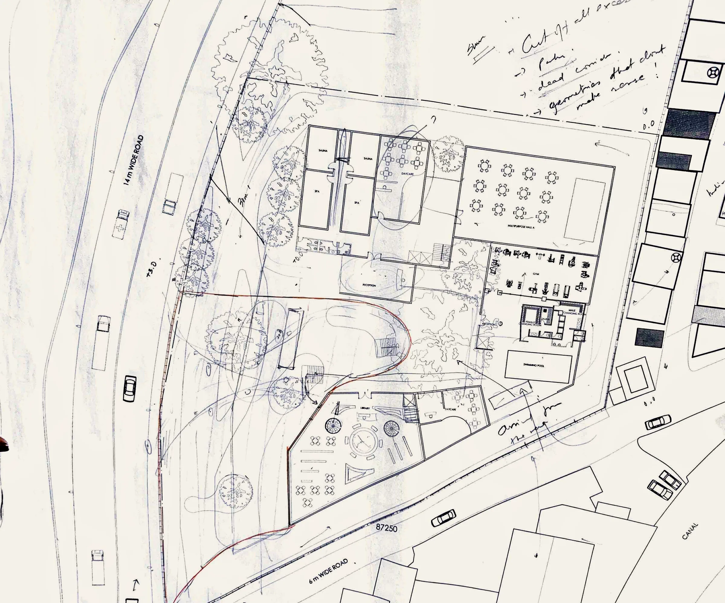 Early iteration in pencil over the printed site plan: dining halls, courts and rooms laid out as blocks, with a red line tracing a curved route through the site and handwritten notes.
