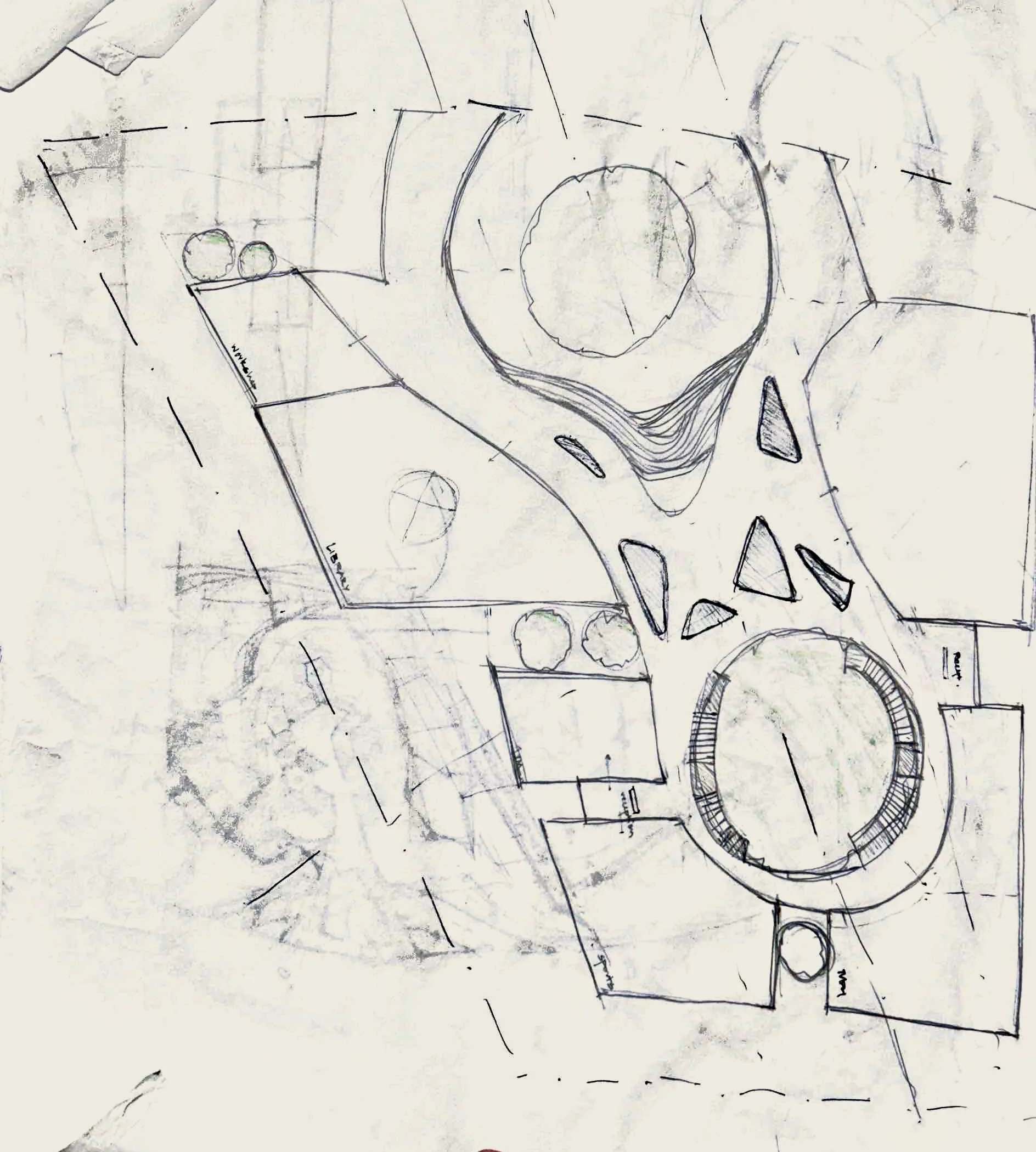 Butter-paper iteration: two round courts, one shaded green, pinched together by a curving spine and scattered triangular openings, drawn over the faint site plan.