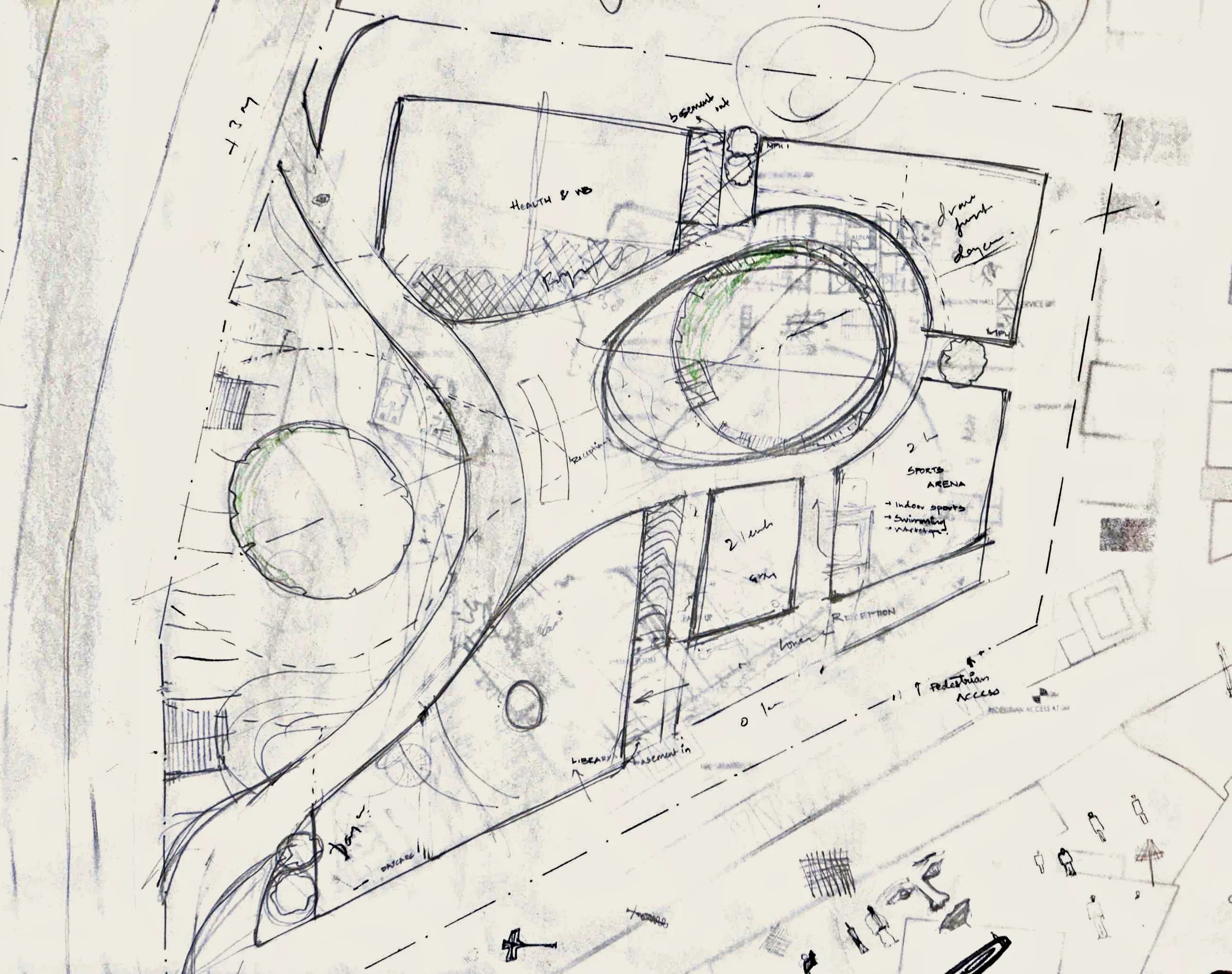 Butter-paper iteration: an oval court and a round court joined by a curving path that bridges from the road, with blocks labelled for programme and furniture sketched along the edges.