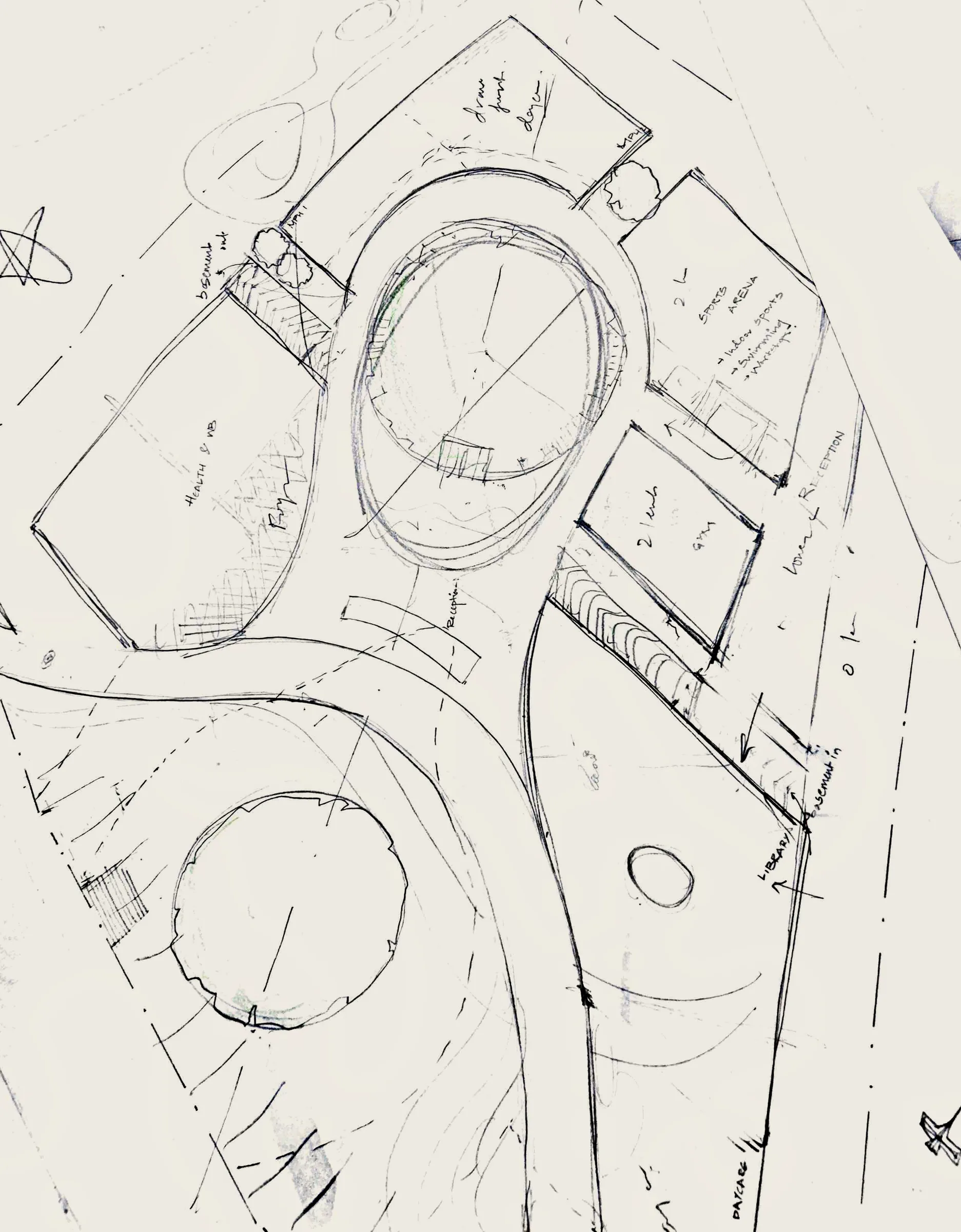 Loose pencil sketch of the same oval-and-circle scheme at a larger scale, with labelled blocks (library, reception, arena) and the path curving through.