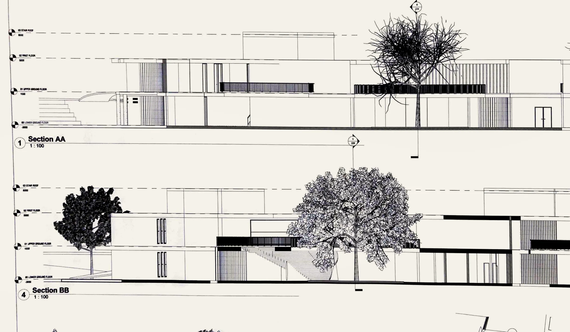 Sections AA and BB (Revit, with pen-style tree silhouettes): long low blocks and terraces stepping across the site, with the courtyard tree rising through the middle.
