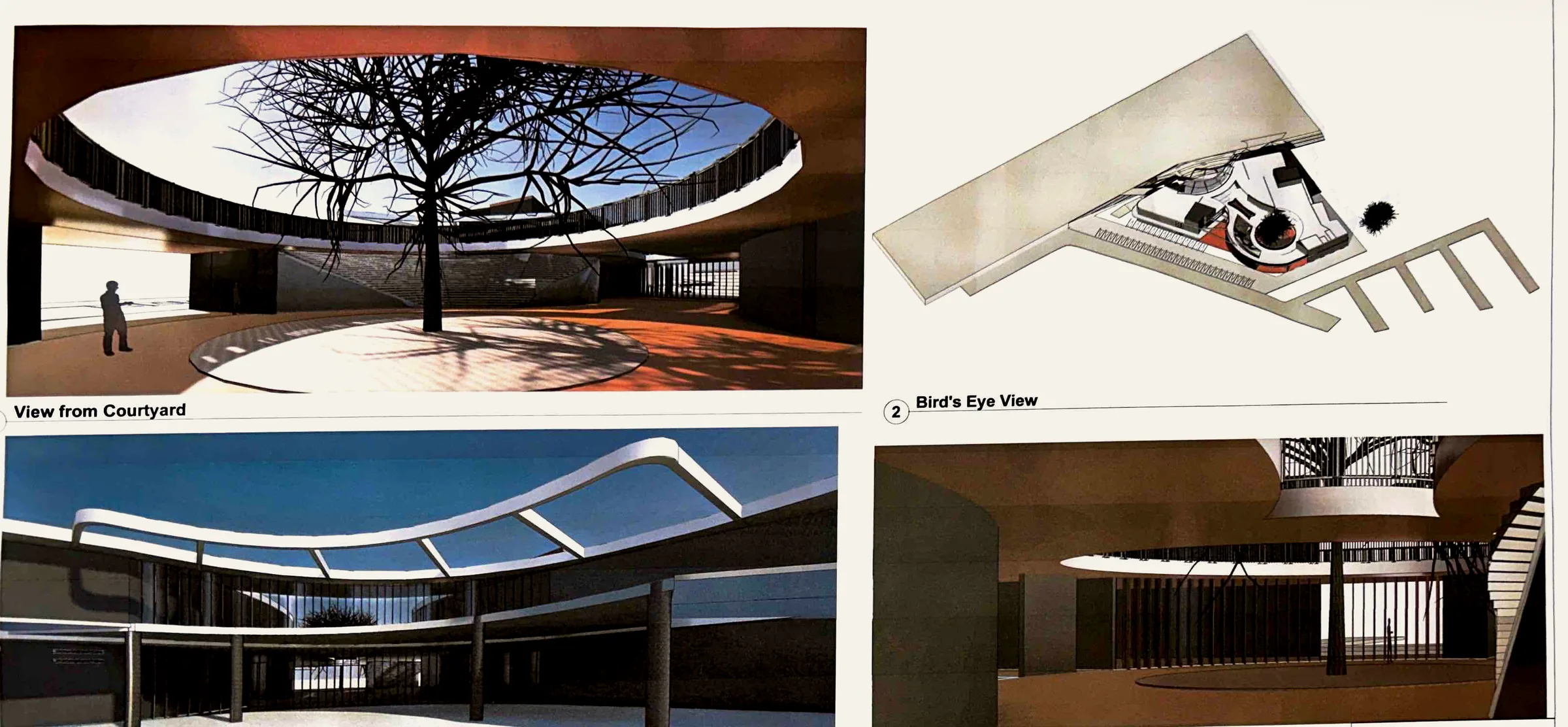 Renders from the views sheet: the courtyard looking up past the tree through a round opening, a bird's-eye view, the pedestrian entrance from Kensington Road under curved white walkways, and an interior view.