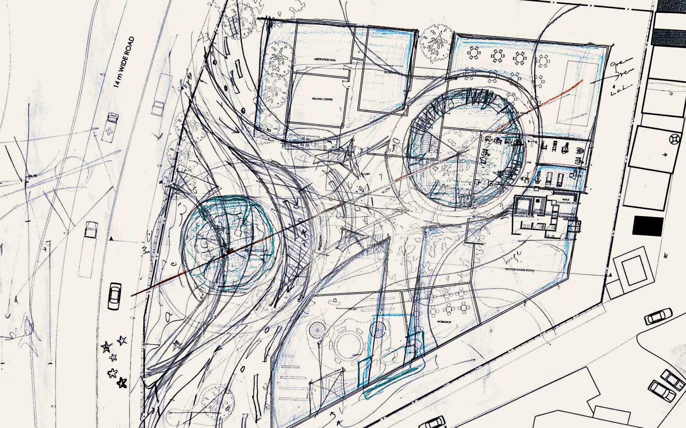 Pencil and blue-pencil iteration over the printed site plan: two circular courts joined by sweeping curved paths that bridge from the road into the site.