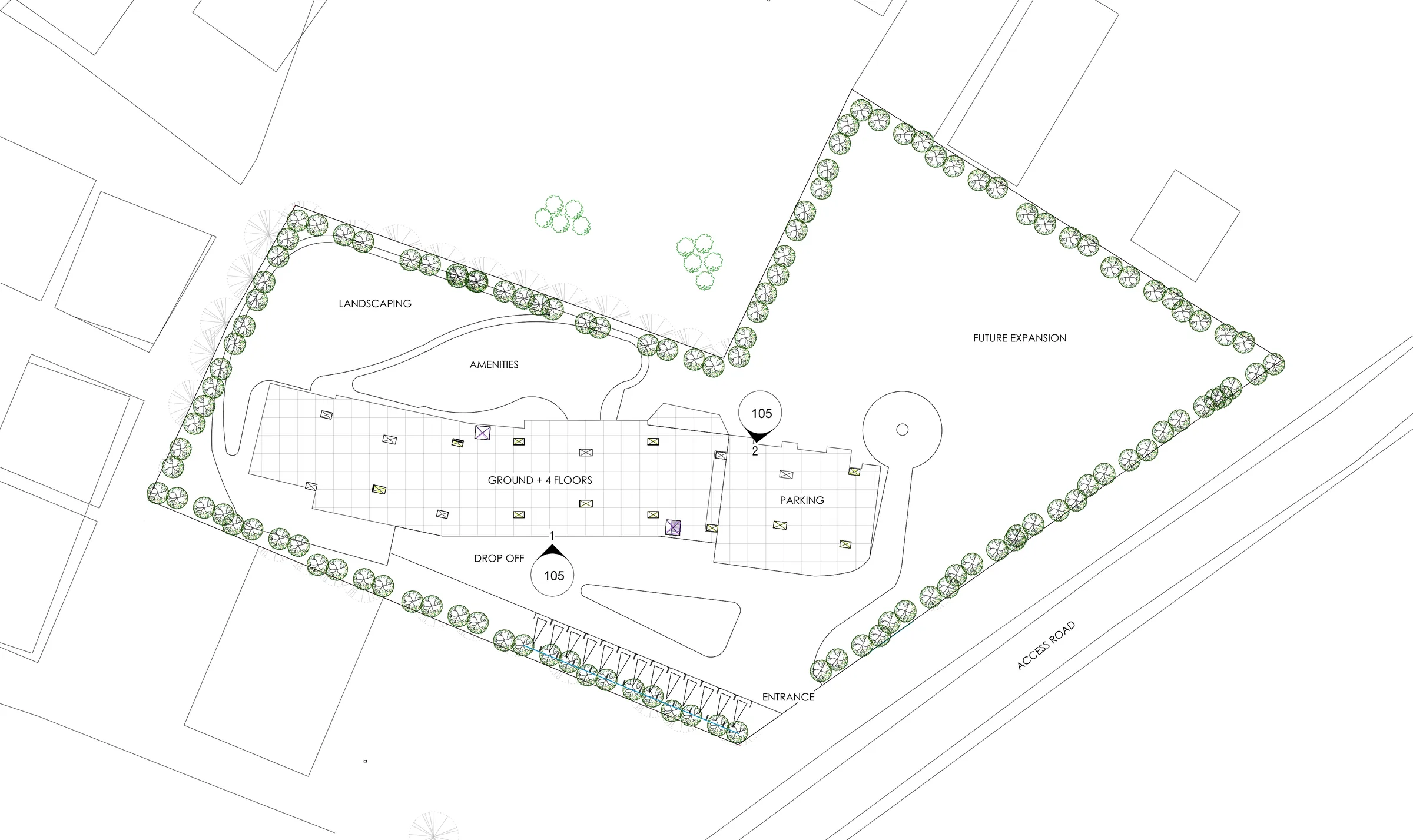 Site plan at 1:500: the long bent block set into an irregular plot ringed by trees, with landscaping, parking, drop-off and a future-expansion area.