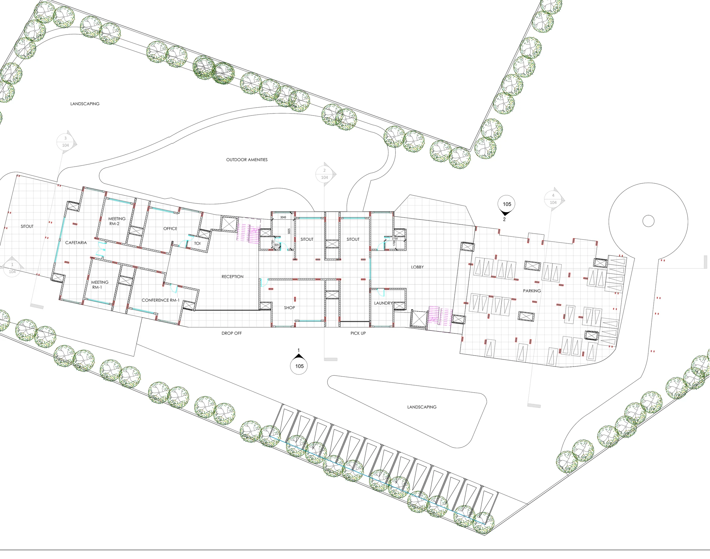Ground floor plan at 1:200: reception, cafeteria, lobby, laundry, a shop, offices, meeting and conference rooms and sit-outs along the spine, with drop-off, pick-up and the parking bays along the tree-lined site edge.