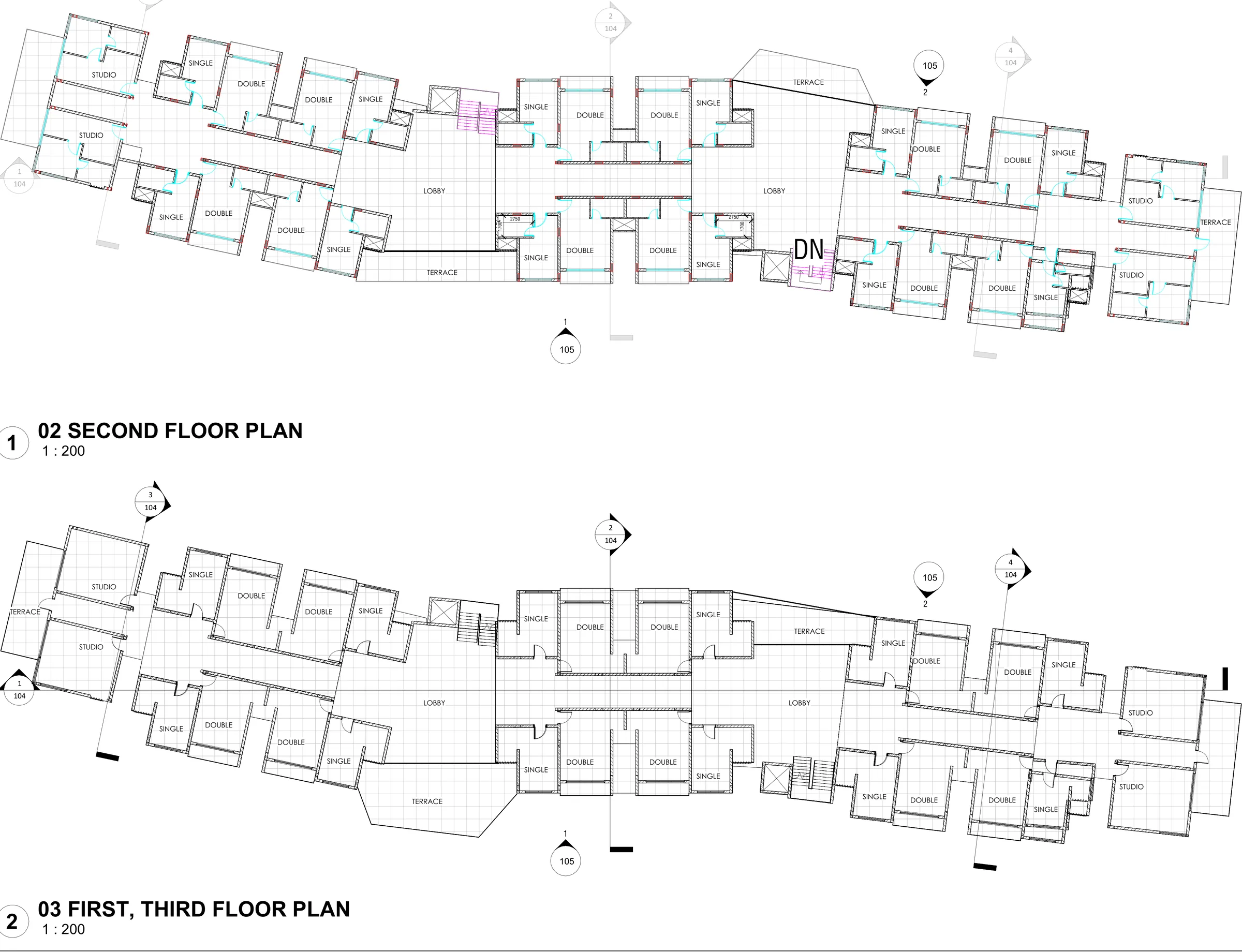 Second floor and typical (first, third) floor plans at 1:200: single, double and studio rooms clustered on both sides of a bending double-loaded corridor, with terraces and stair/lift cores.