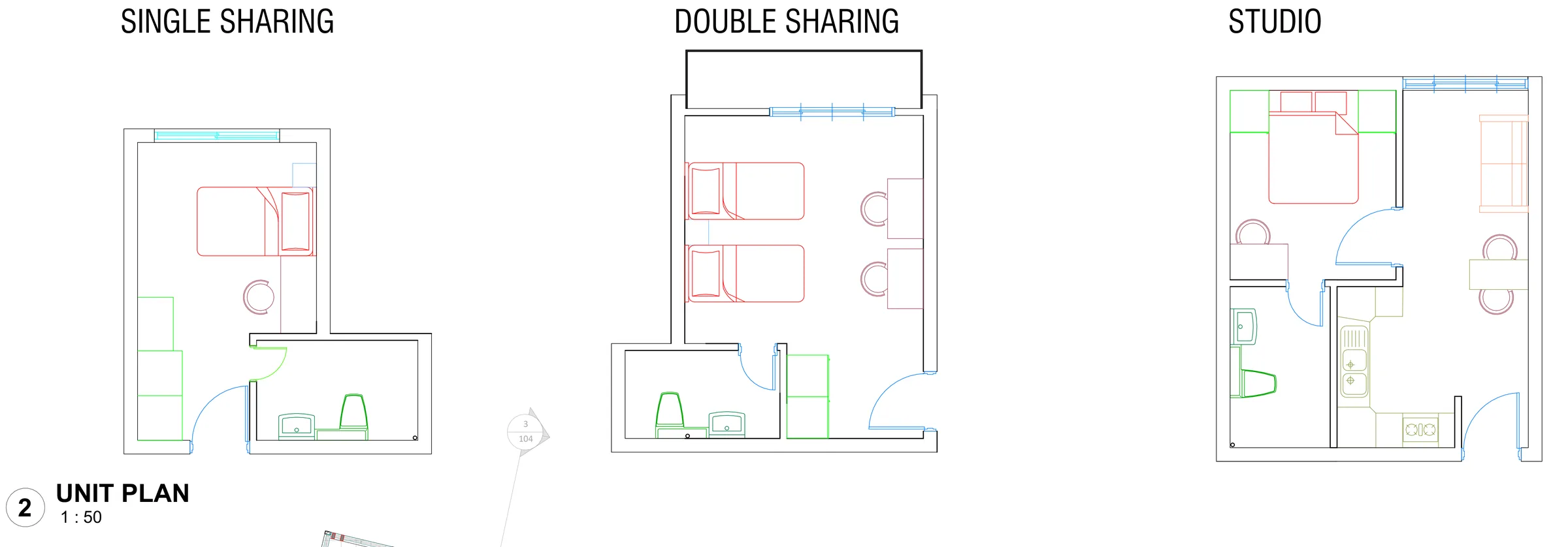 Unit plans at 1:50: single sharing, double sharing and studio, each with its own toilet; beds, desks and kitchen counters drawn in colour.