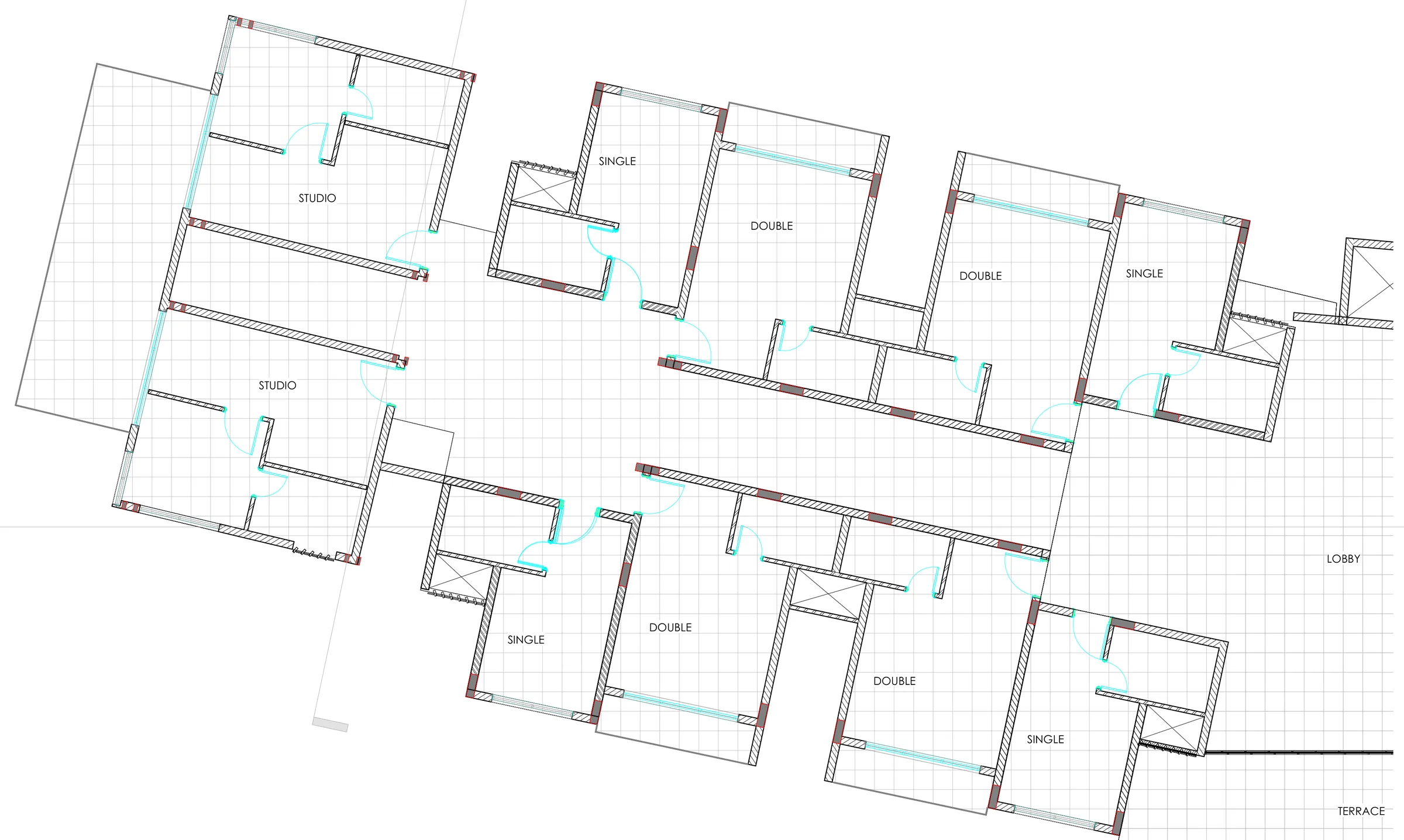 Cluster plan at 1:100: studios, doubles and singles packed around a shared lobby and terrace, with the floor tile grid and shafts shown.