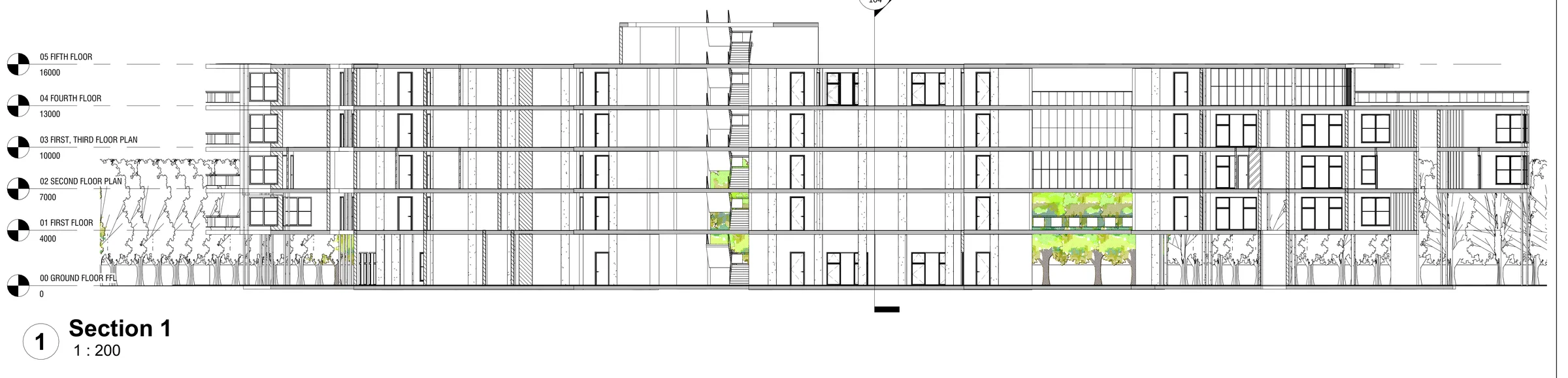 Section 1 at 1:200: the full length of the ground + 4 storey block (levels to +16.0 m), cutting through rooms, corridors, lift and stair cores, with planted terraces.