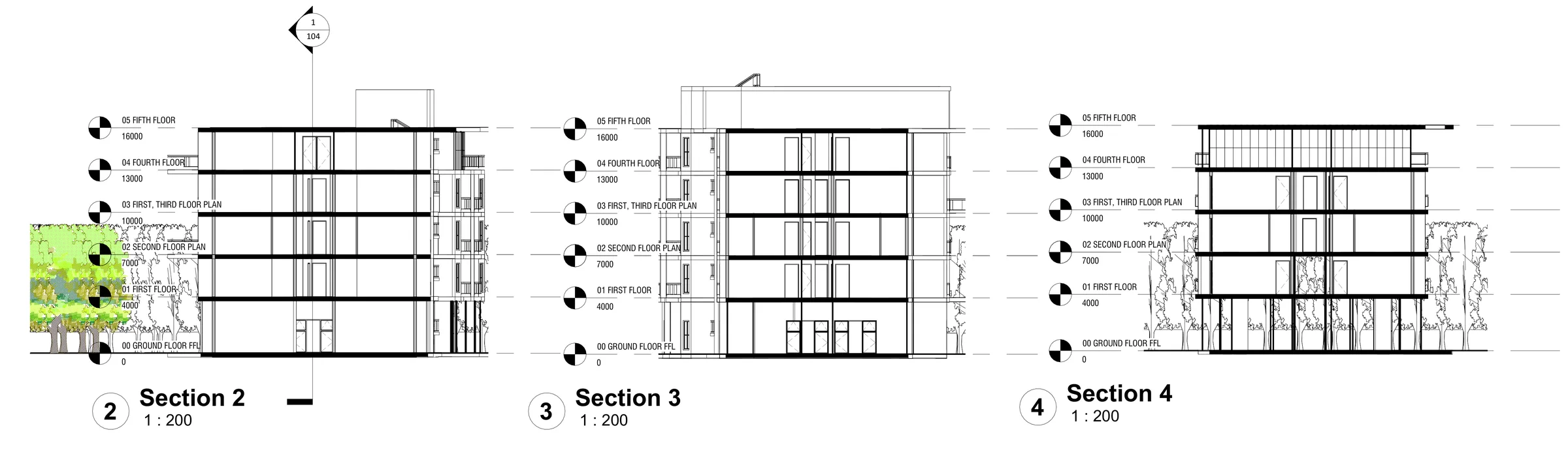 Sections 2, 3 and 4 at 1:200 across the block, showing floor levels, the double-loaded corridor and terraces.