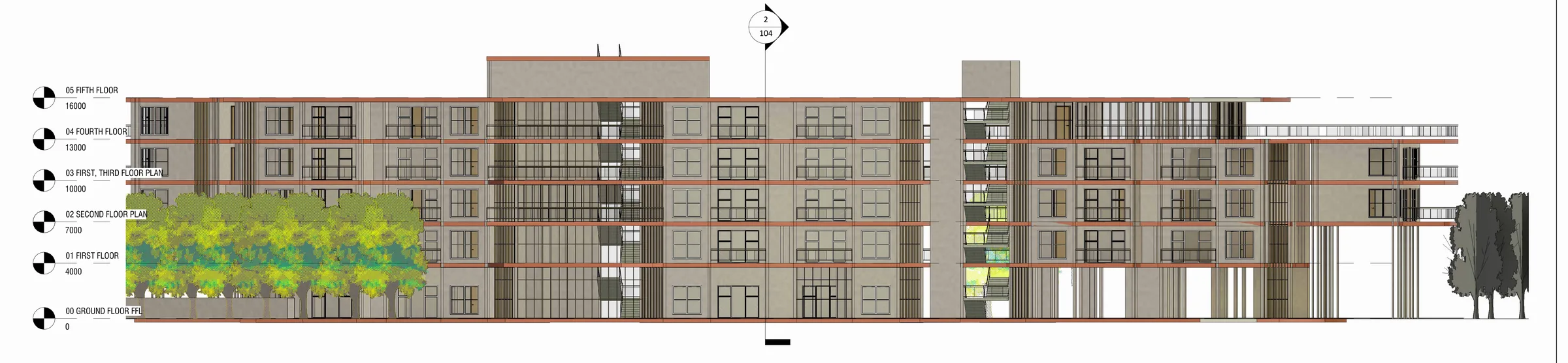 Elevation 1-a at 1:200: the long facade in Revit colour, beige walls with coral slab bands and recessed balconies, and a row of trees along the road.