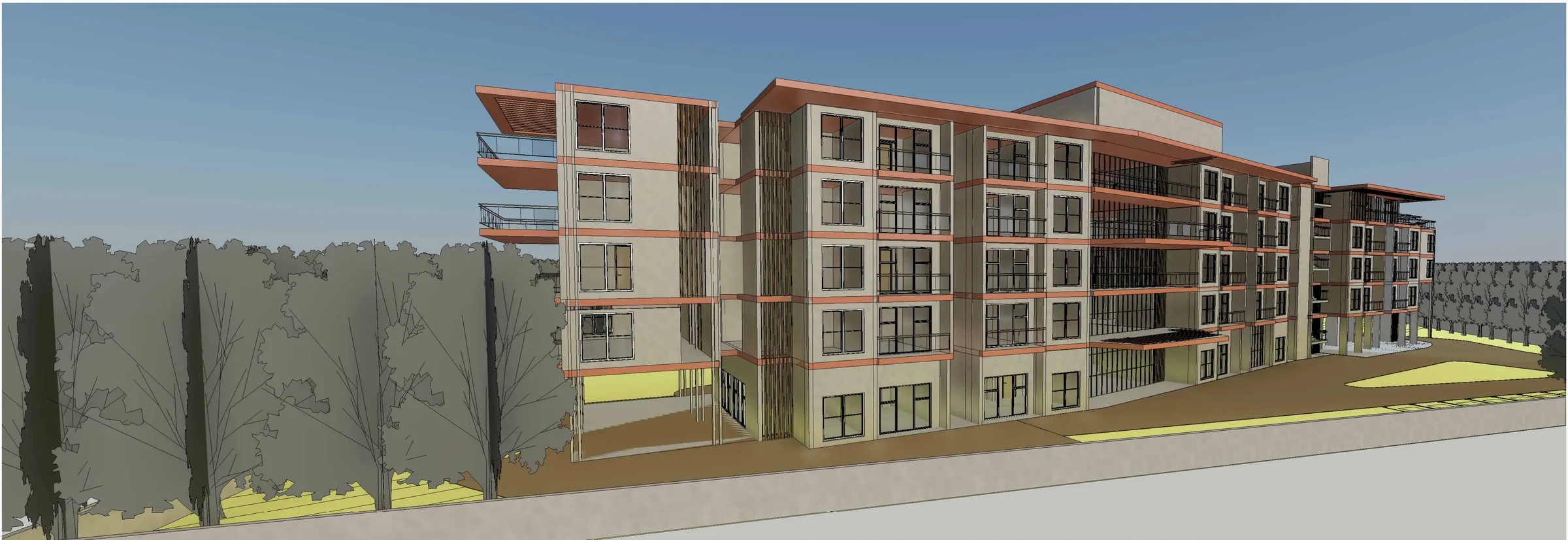 Revit 3D view from the street: the ground + 4 storey block with coral slab edges, cantilevered balconies and lift towers behind a line of trees.