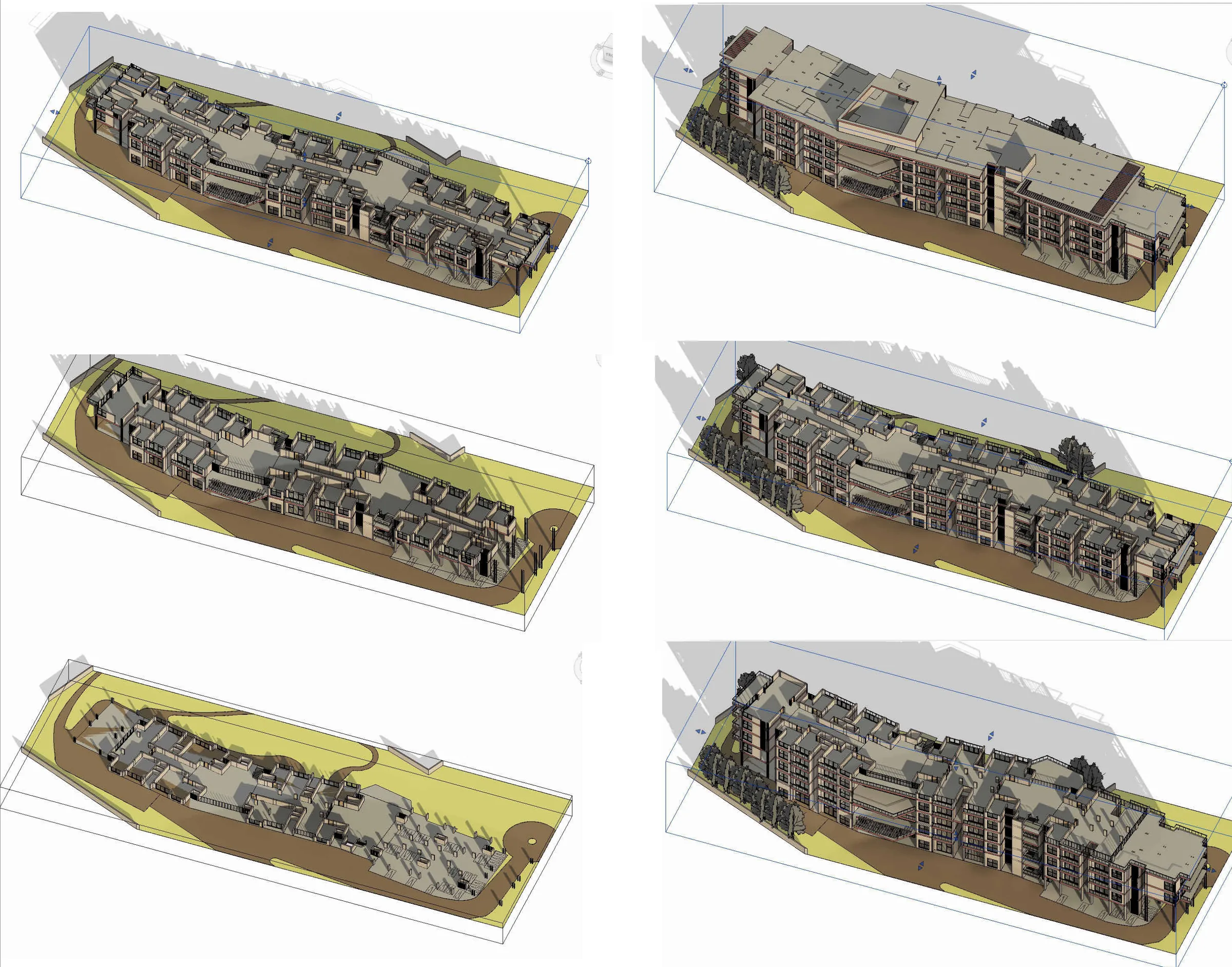 Six Revit section-box axonometrics cutting the model at successive levels, from the ground floor and parking up to the full building with its roof.
