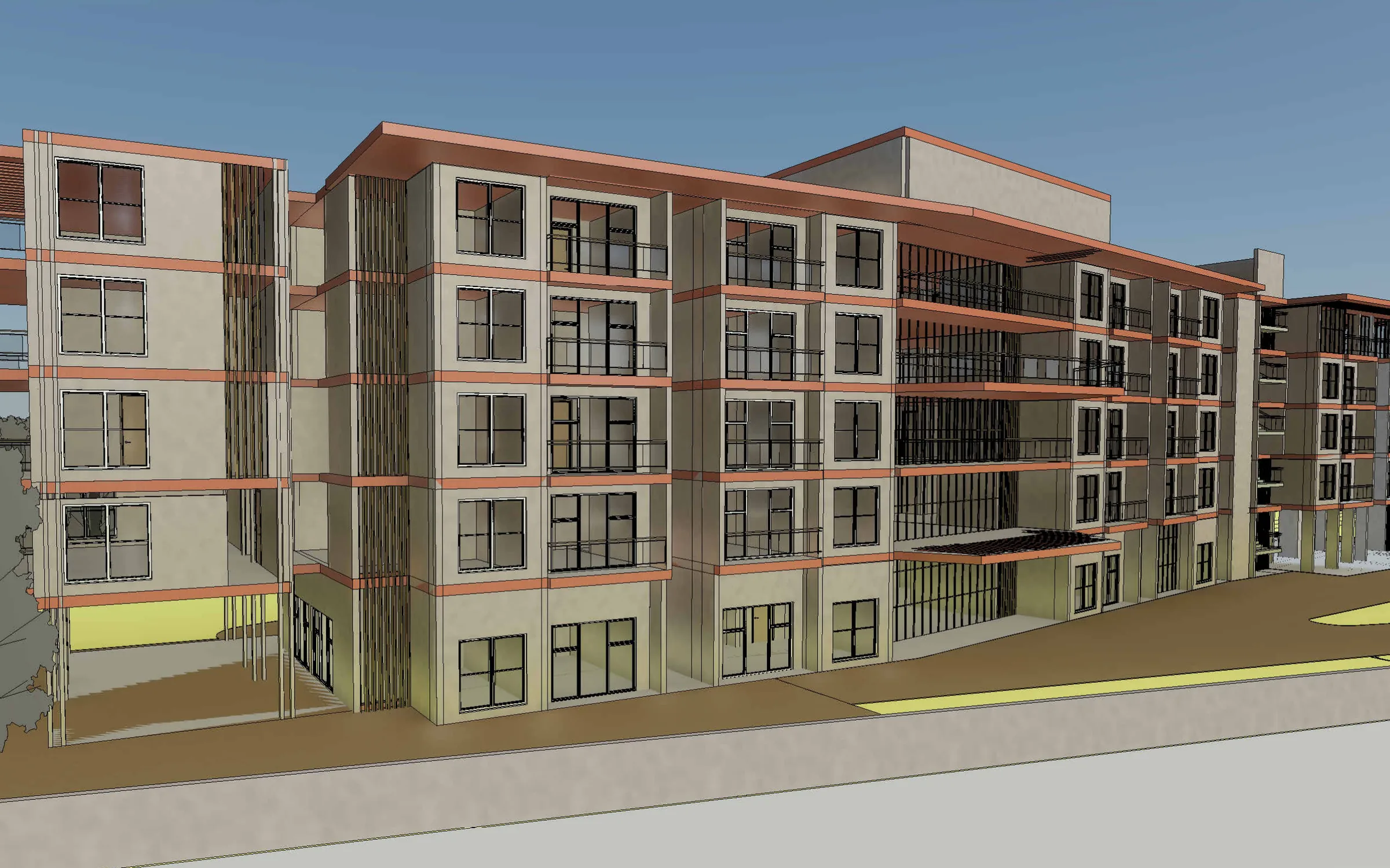 Revit view of the Z-Living housing block: five storeys of beige walls with coral slab bands and balconies, behind a row of trees under a blue sky.