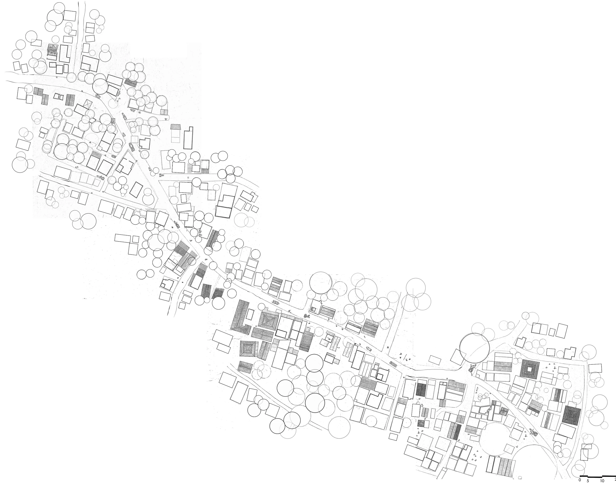 Master roof plan of the village: every house, roof and tree crown along the main street of Kodiyala Karenahalli, drawn in fine line.