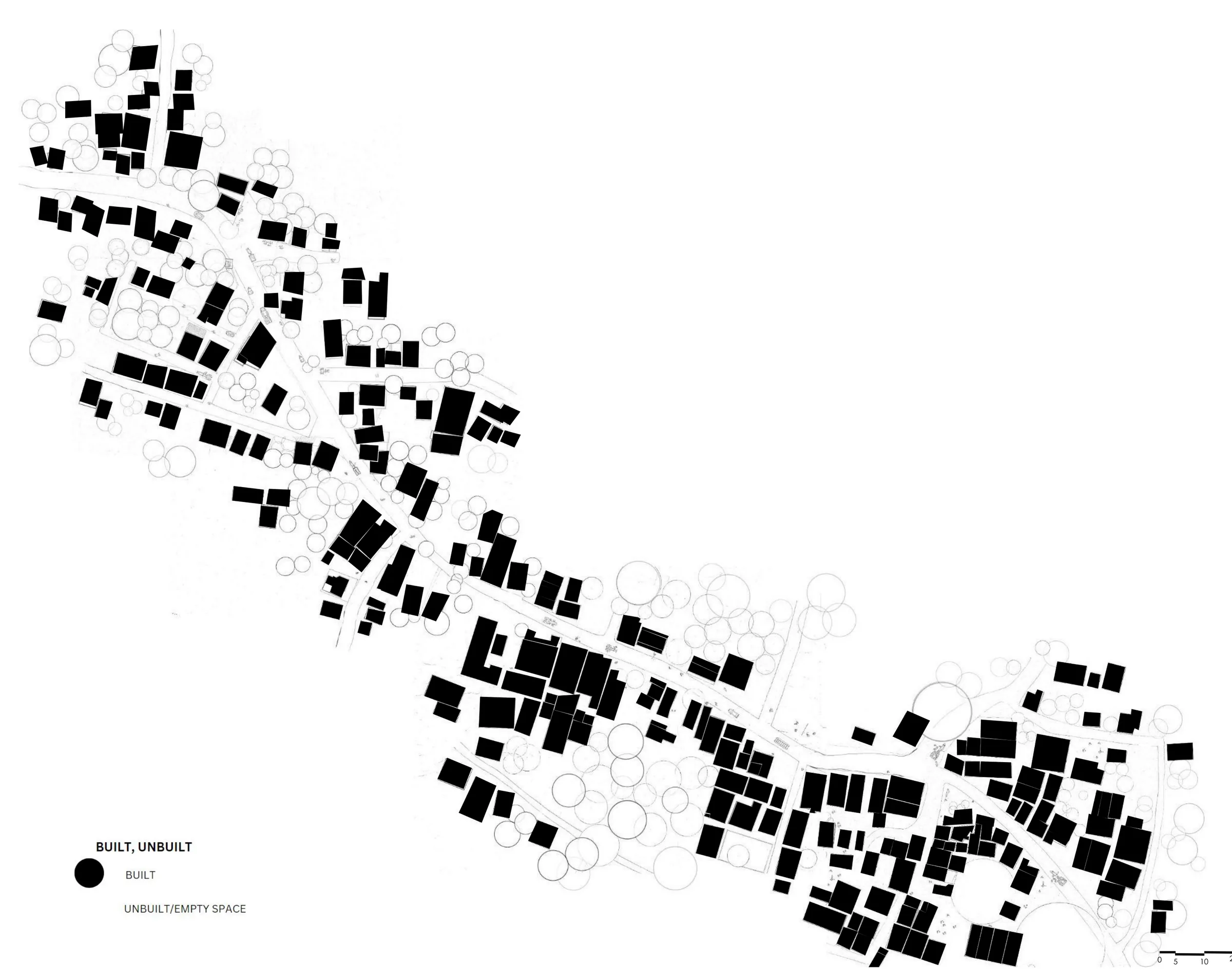 Overlay: built versus unbuilt - every building in solid black against the open land and tree cover.