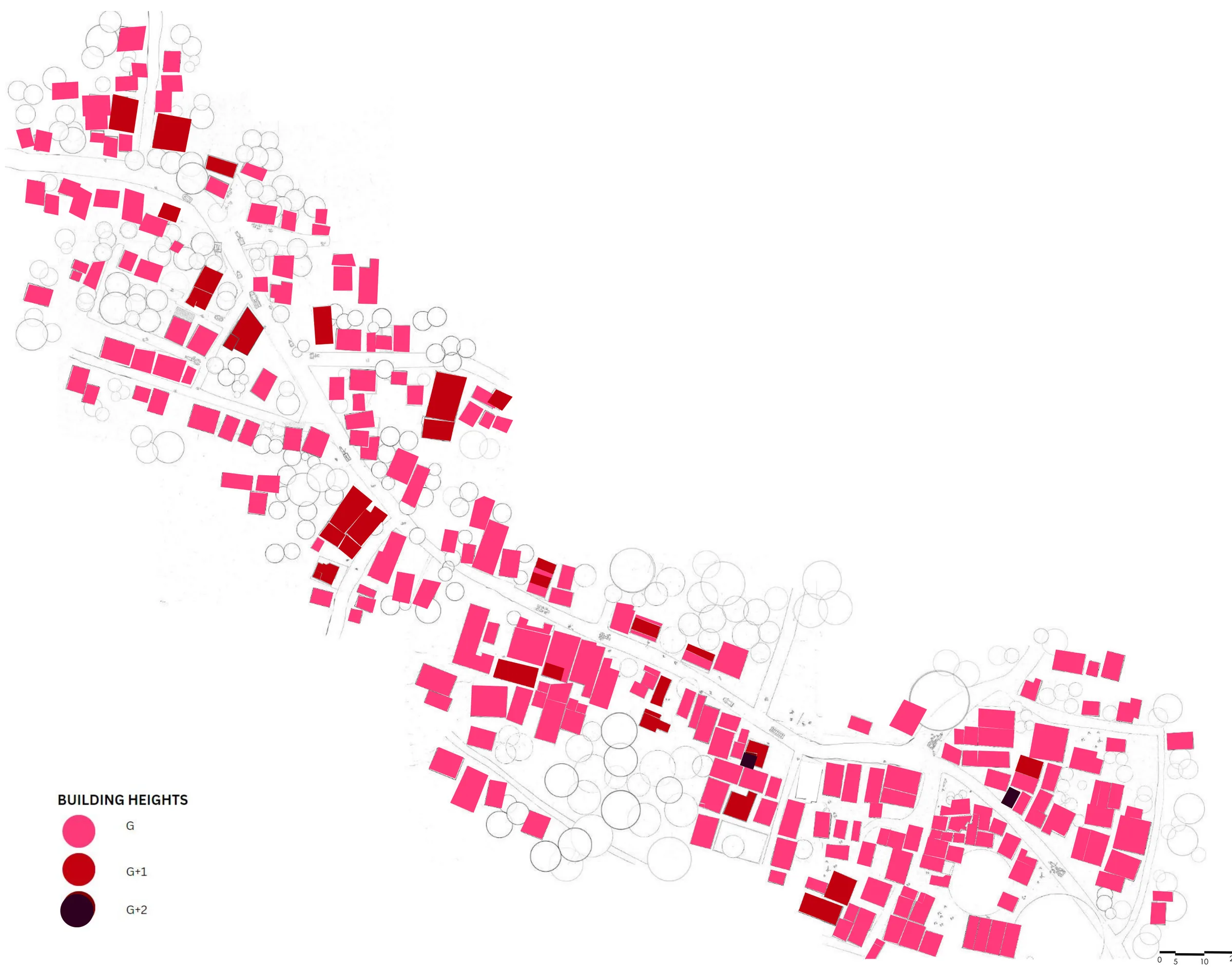 Overlay: building heights - ground-only houses in pink, G+1 in red and the few G+2 in near-black.