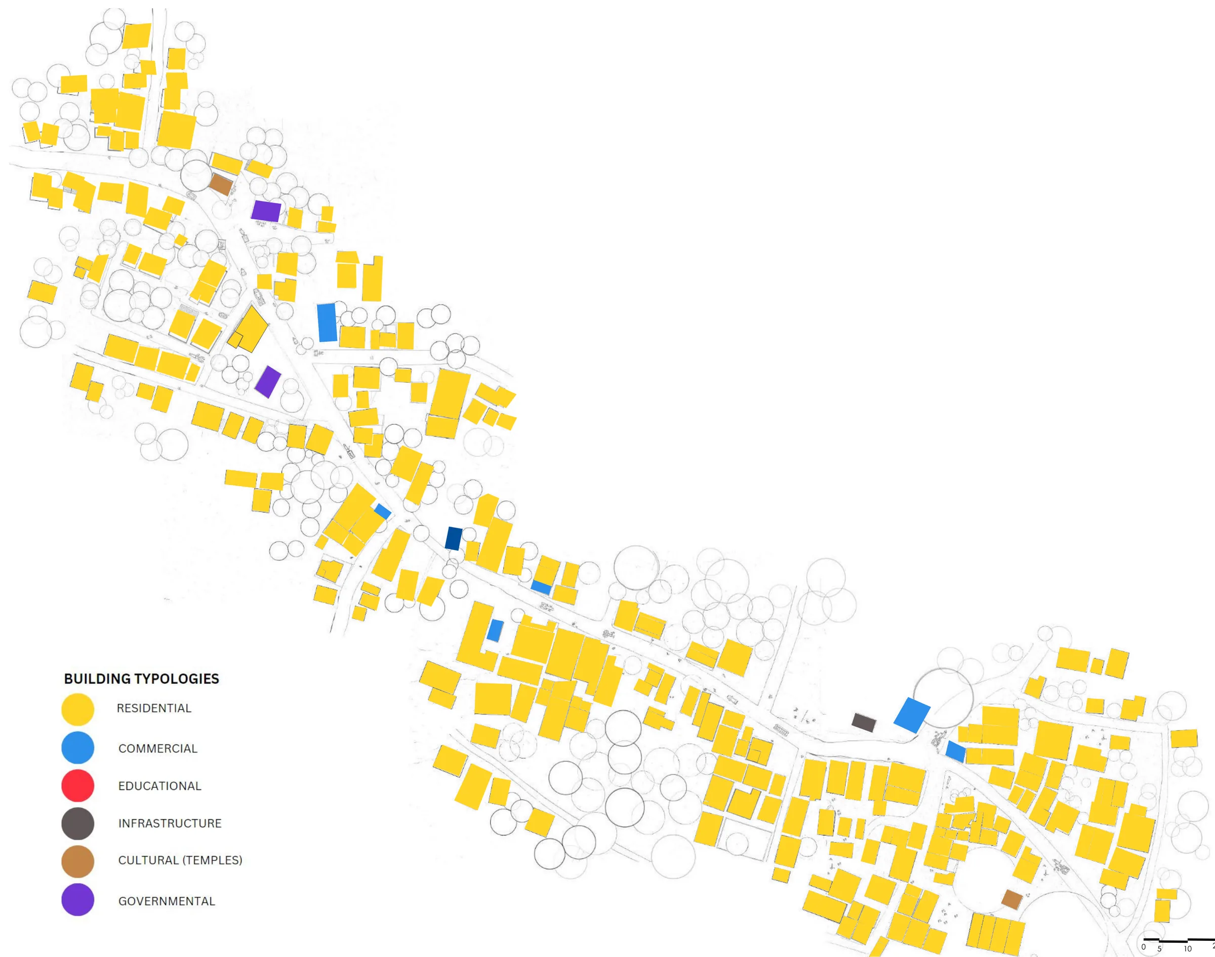 Overlay: building typologies - residential in yellow, with commercial, educational, infrastructure, temple and government buildings picked out in their own colours.