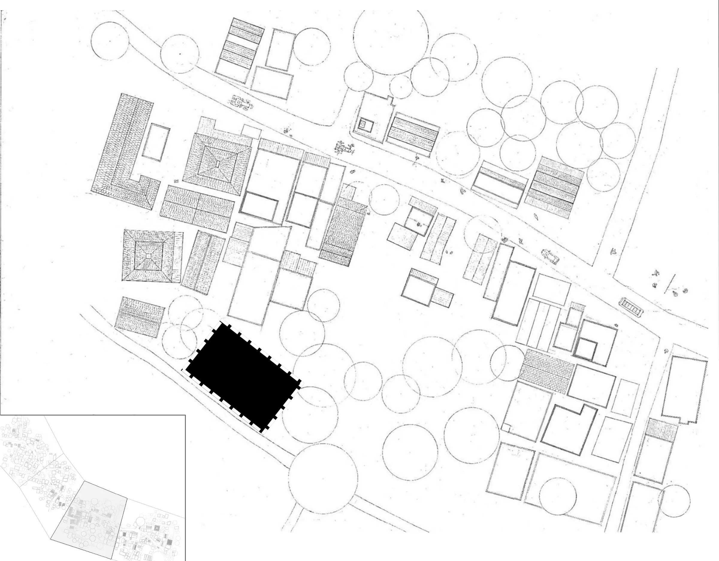 Site 2, documented by my group: a close-up plan of one stretch of the street with hatched tiled roofs, house outlines and tree crowns, and a key plan in the corner.