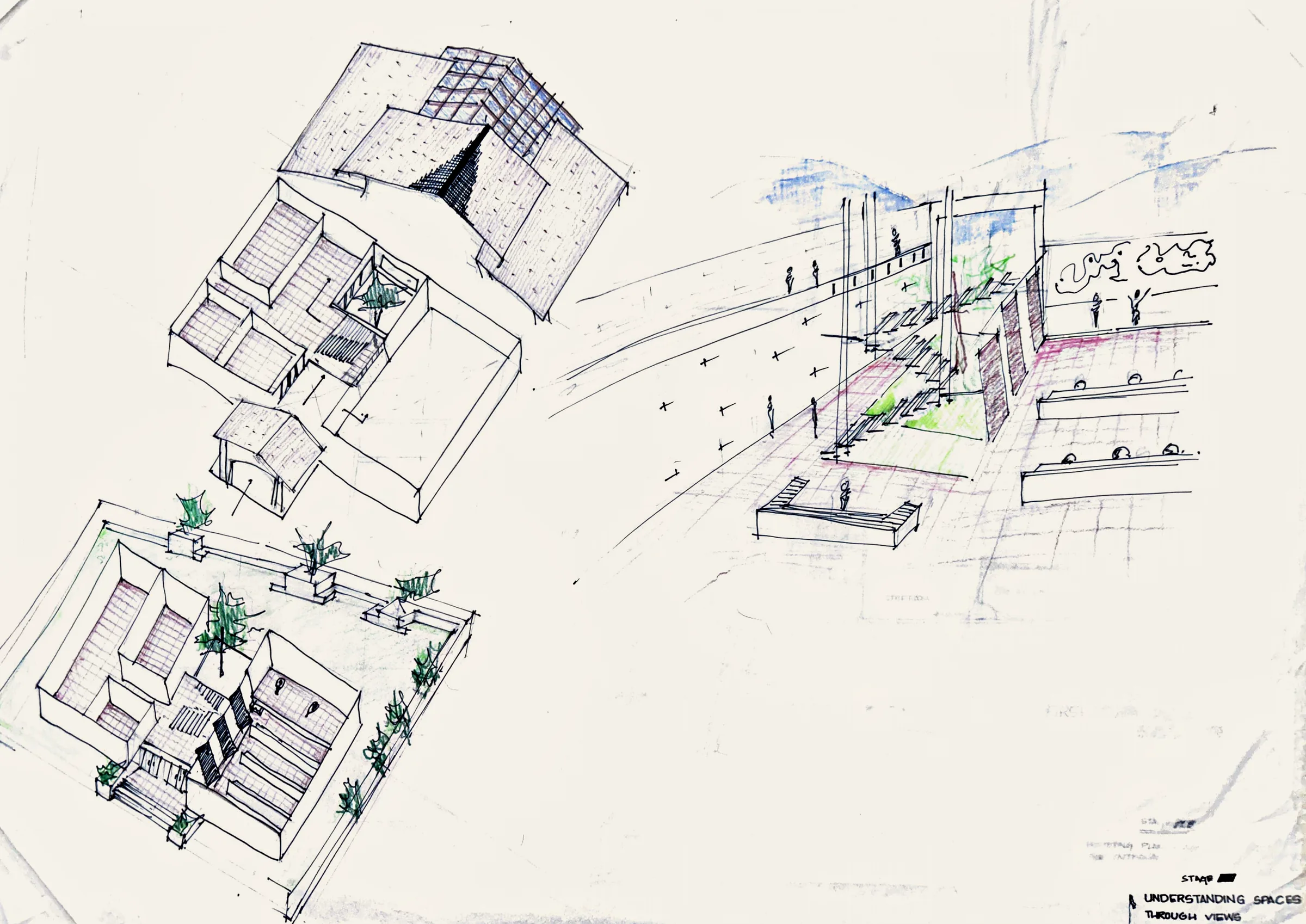 'Understanding spaces through views': hand-drawn pen isometrics of my scheme, coloured in pencil - courts with trees, tiled and hatched roofs, stairs and a street-level perspective with people.