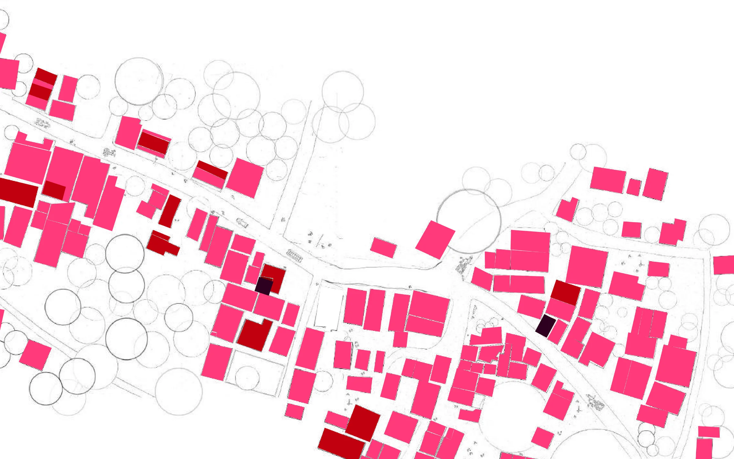 Overlay map of Kodiyala Karenahalli's building heights: houses in hot pink and red strung along the village street among outlined tree crowns.