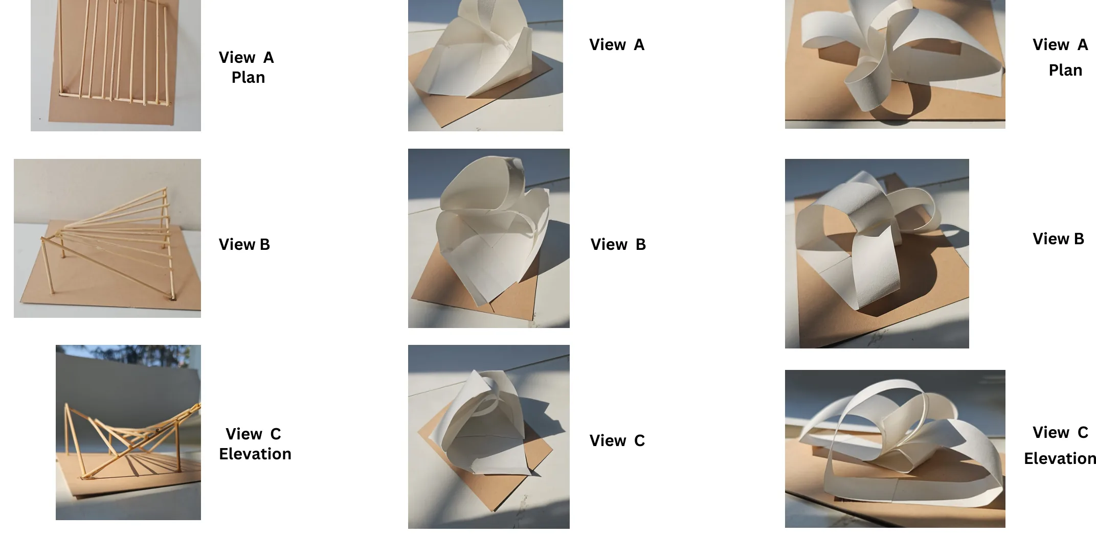 Before the landfill home: CA-1 'Dwelling in an Object'. Three abstract card/stick models, each photographed from three views (plan, side, elevation).