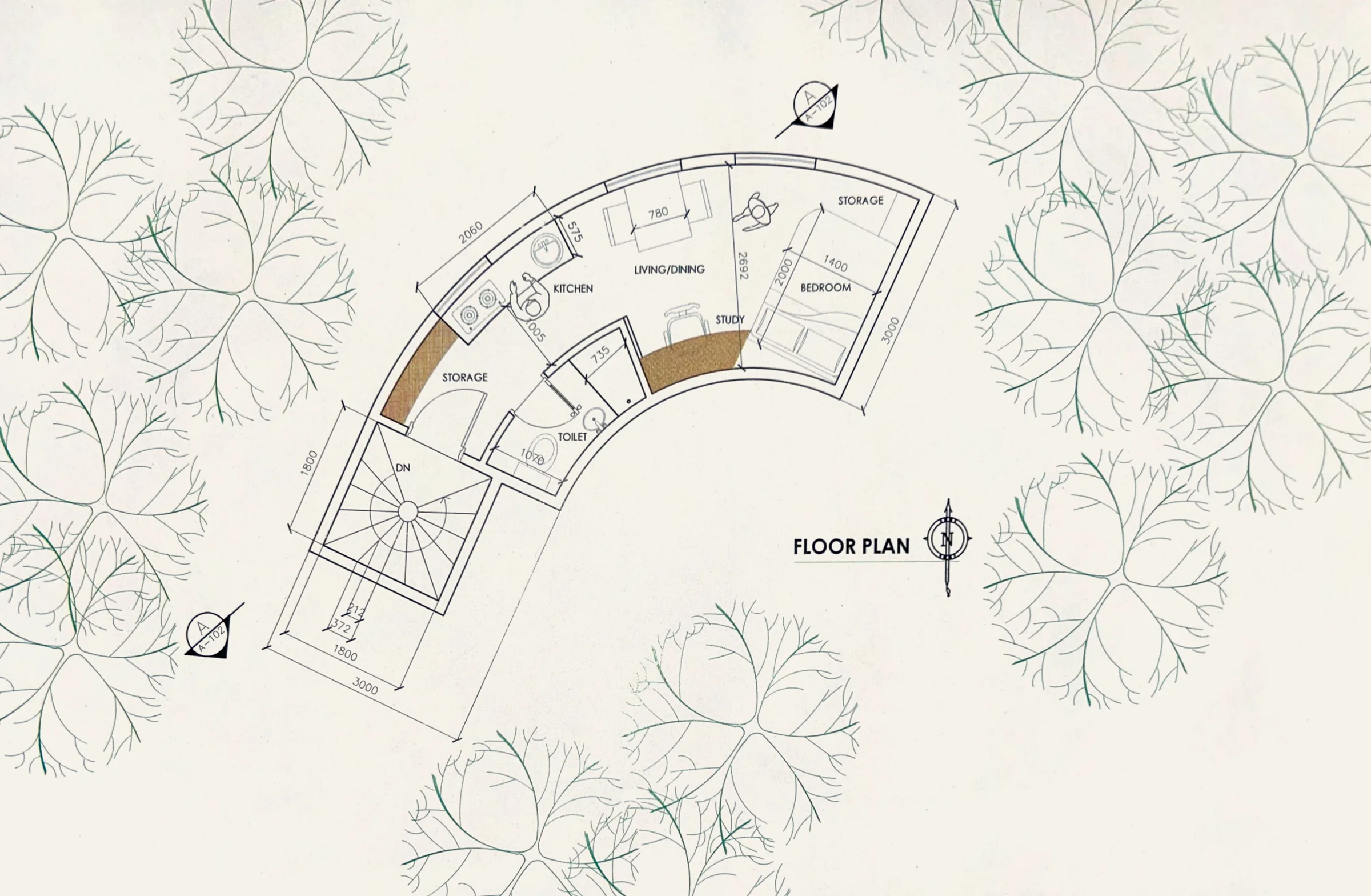 Floor plan at 1:50: the 25 sqm home as a curved bar - spiral stair, storage, kitchen, living/dining, study, toilet and bedroom - set among hand-style tree symbols.