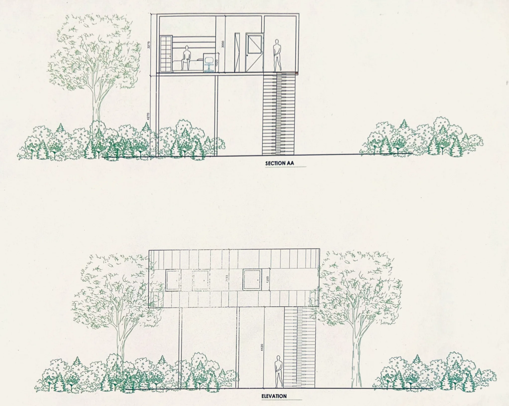 Section AA and elevation at 1:100: the home raised on recycled-steel stilts with an external stair, people for scale, trees and shrubs drawn in green.