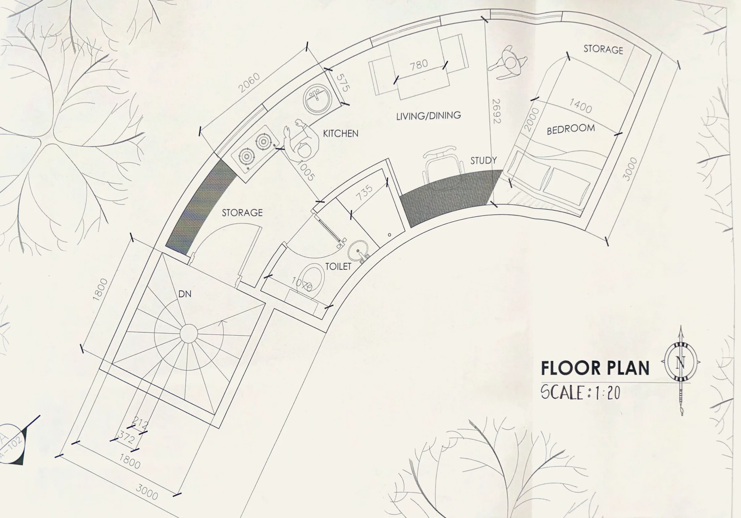 The same plan at 1:20 with dimensions: a 3 m wide curve holding kitchen, living/dining, study, bedroom, toilet, storage and a spiral stair down to the ground.