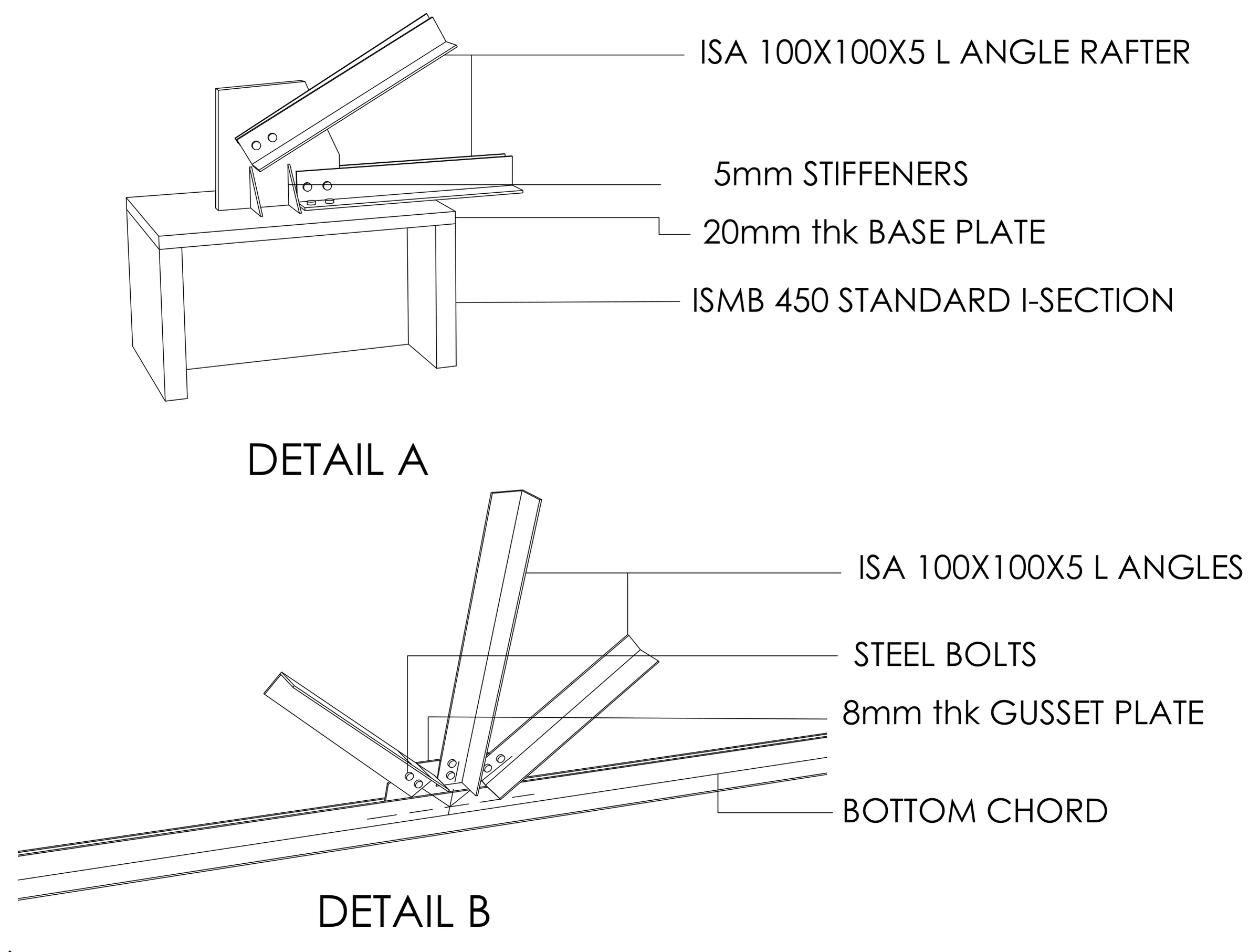 Truss details A and B: ISA 100x100x5 angle rafter on an ISMB 450 with 20 mm base plate and stiffeners; angles bolted to an 8 mm gusset plate at the bottom chord.