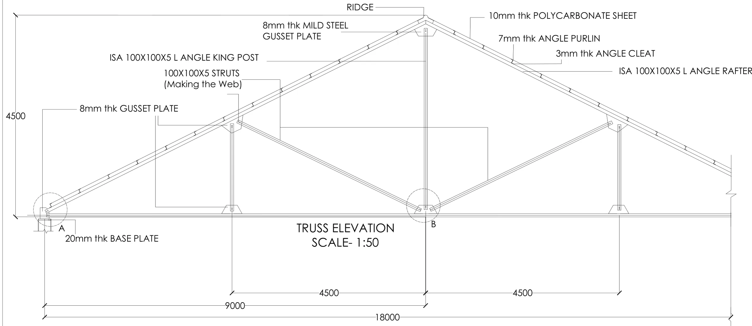 Truss elevation at 1:50: 18 m span, 4.5 m rise, angle king post and struts, gusset plates, purlins and polycarbonate roofing.