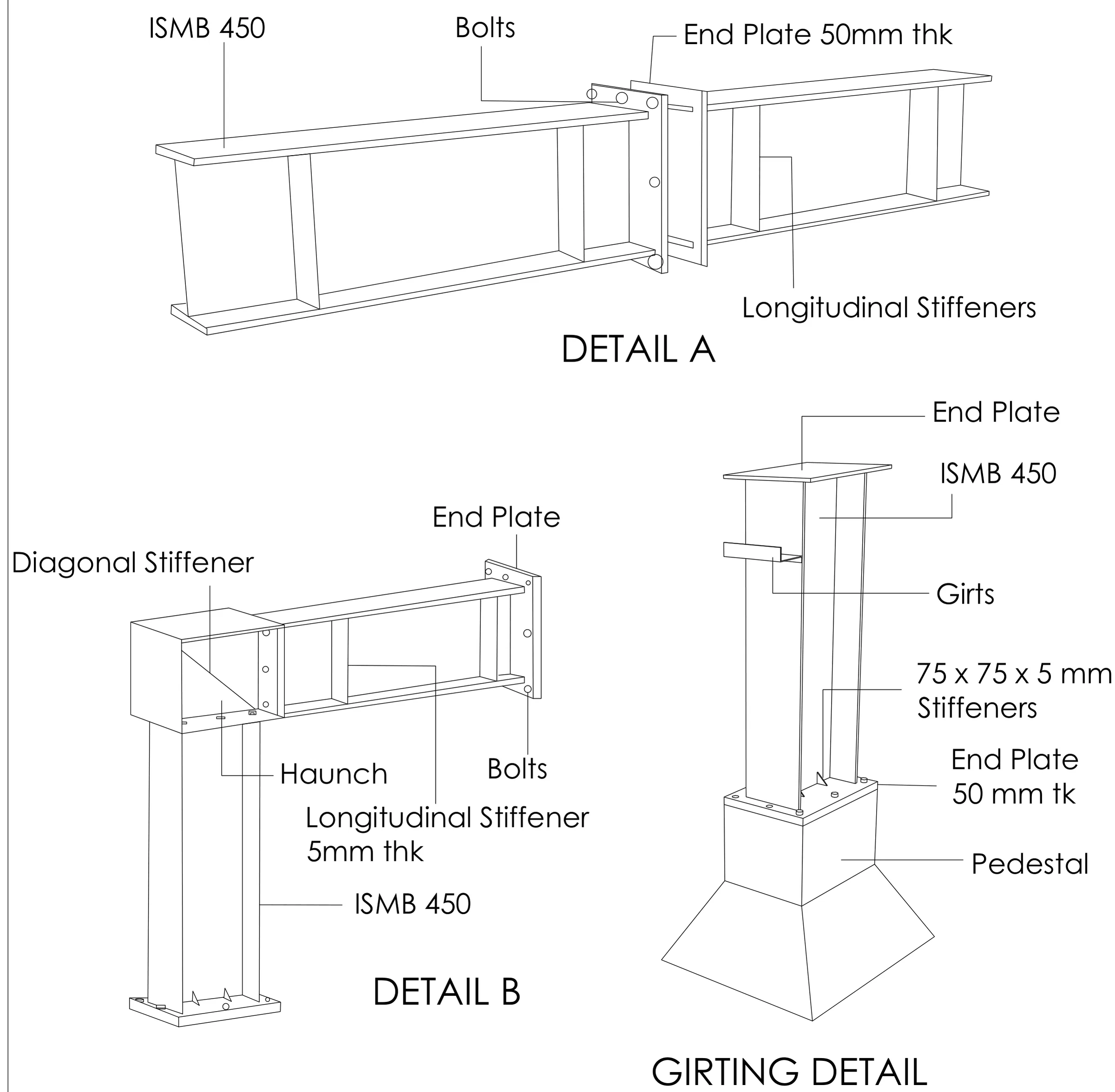 Pre-engineered building details: ISMB 450 end-plate splice with longitudinal stiffeners, haunched column-rafter joint and the girting detail on its pedestal.